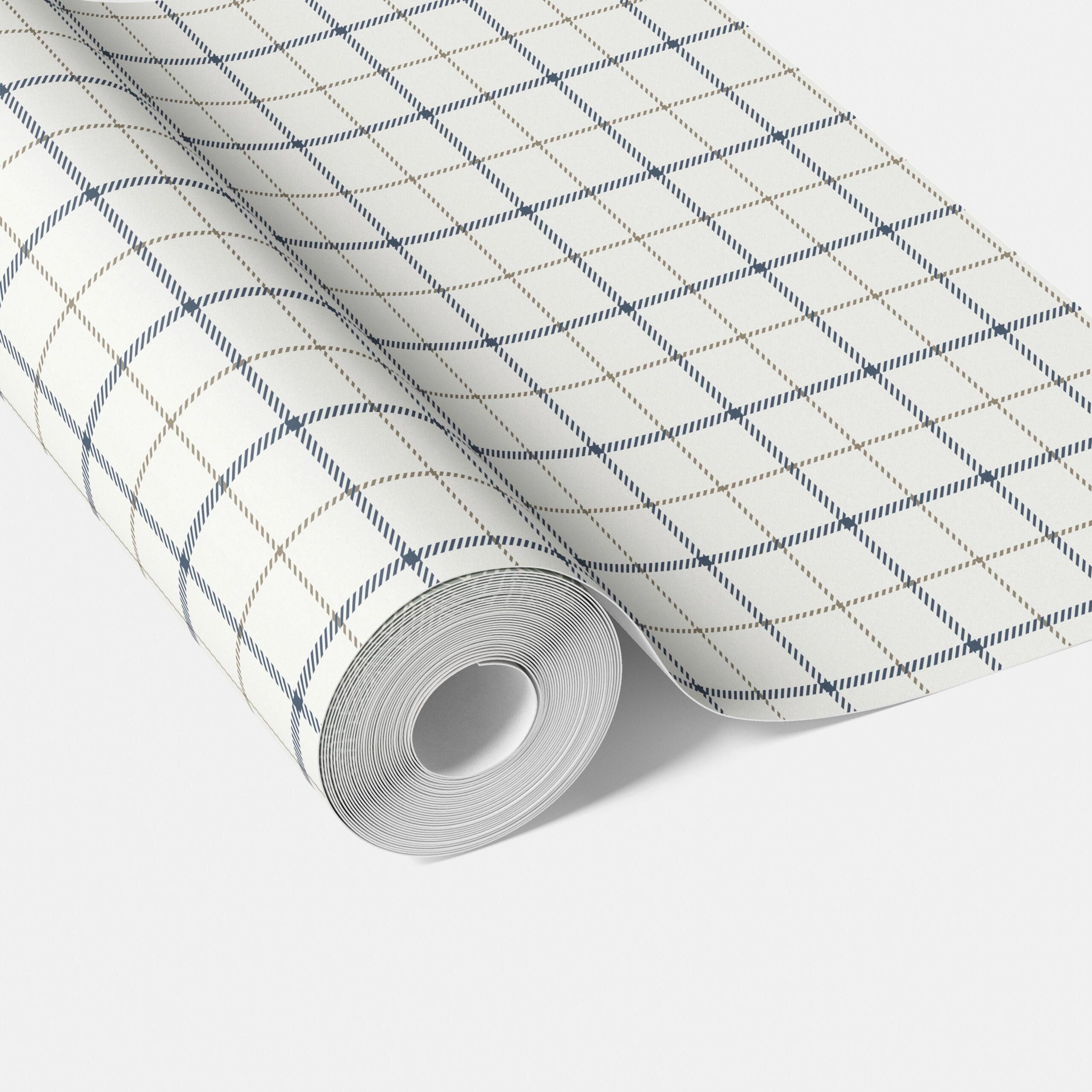 Windowpane Checkered/ Plaid Traditional Wallpaper (Navy Blue/ White/ Taupe)
