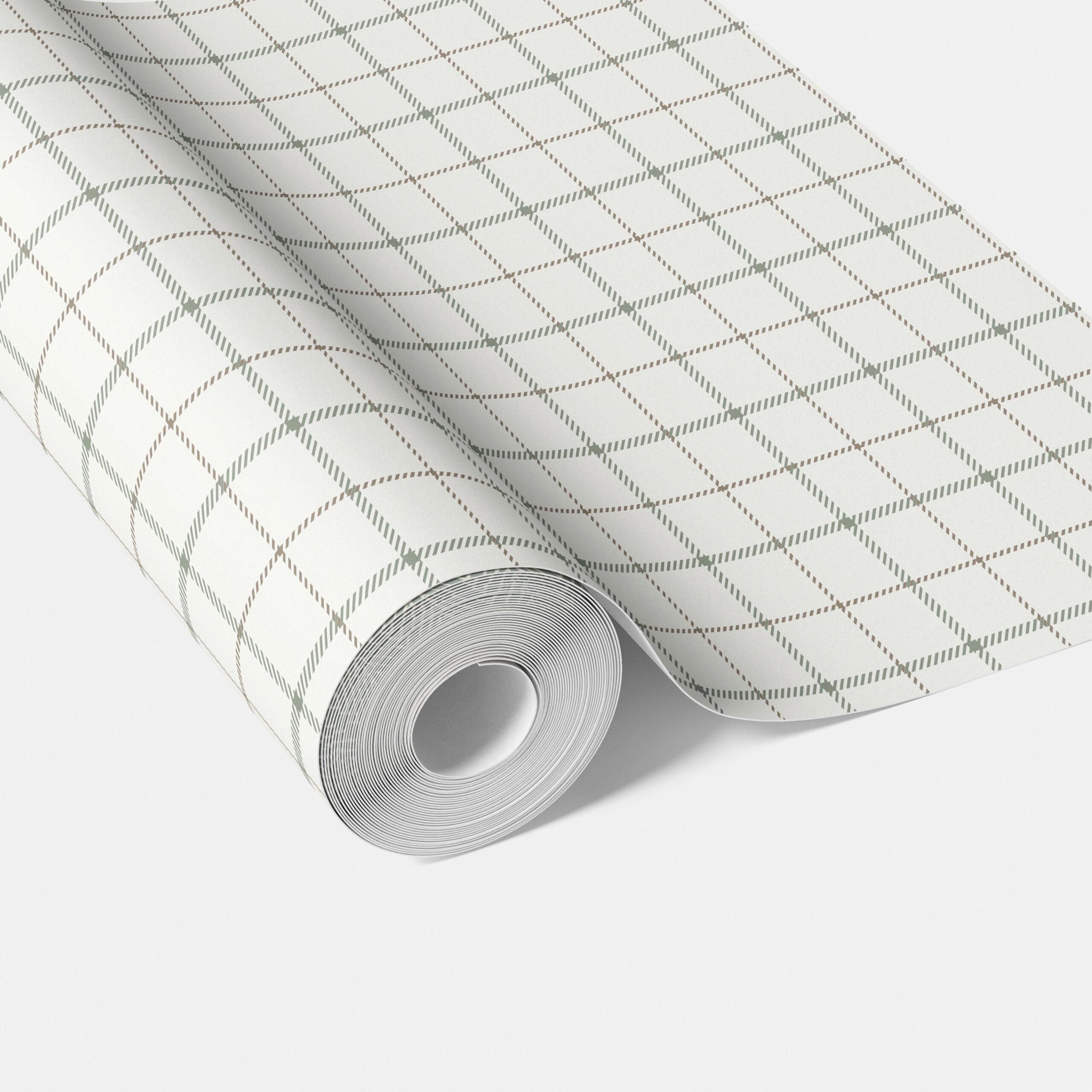 Windowpane Checkered/ Plaid Traditional Wallpaper Sample Green/ White/ Taupe