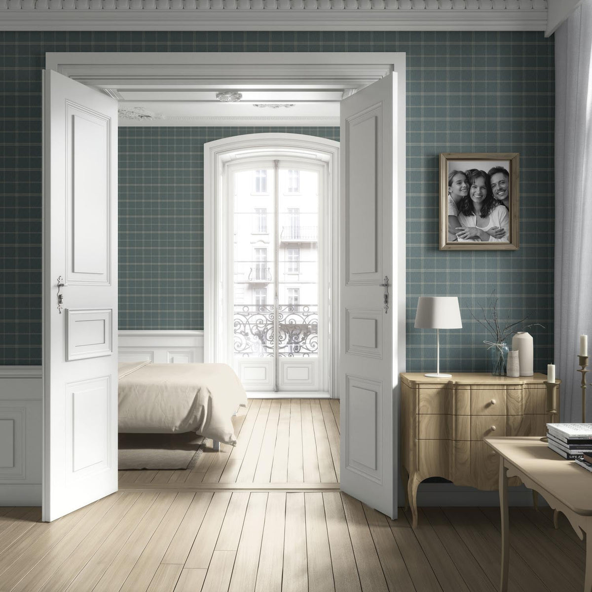Geometric Plaid Checkered Living Room Wallpaper Sample (Teal Blue/ Gray)