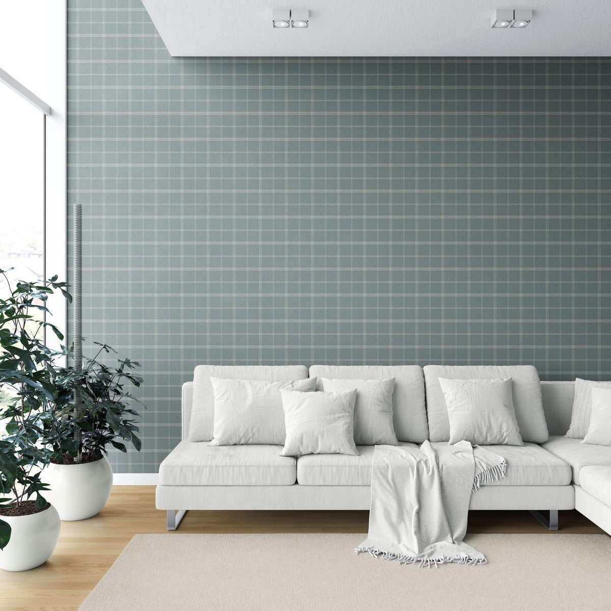 Geometric Plaid Checkered Shower Toilet Wallpaper Sample (Teal Blue/ Gray)