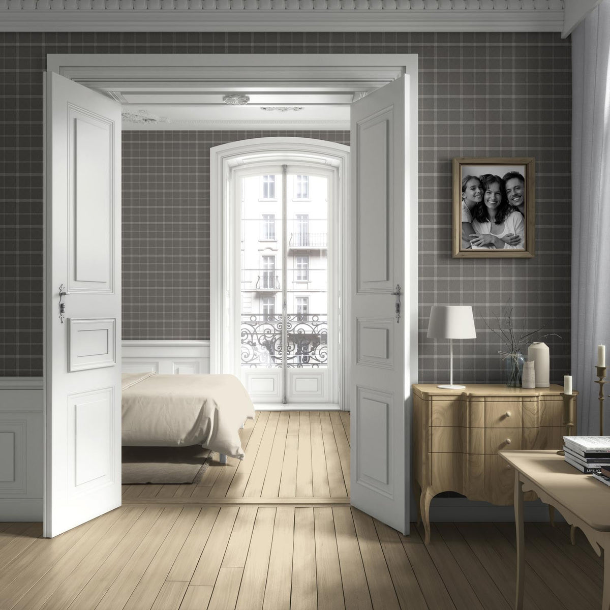 Neutral Geometric Plaid Checkered Living Room Wallpaper Sample (Gray)