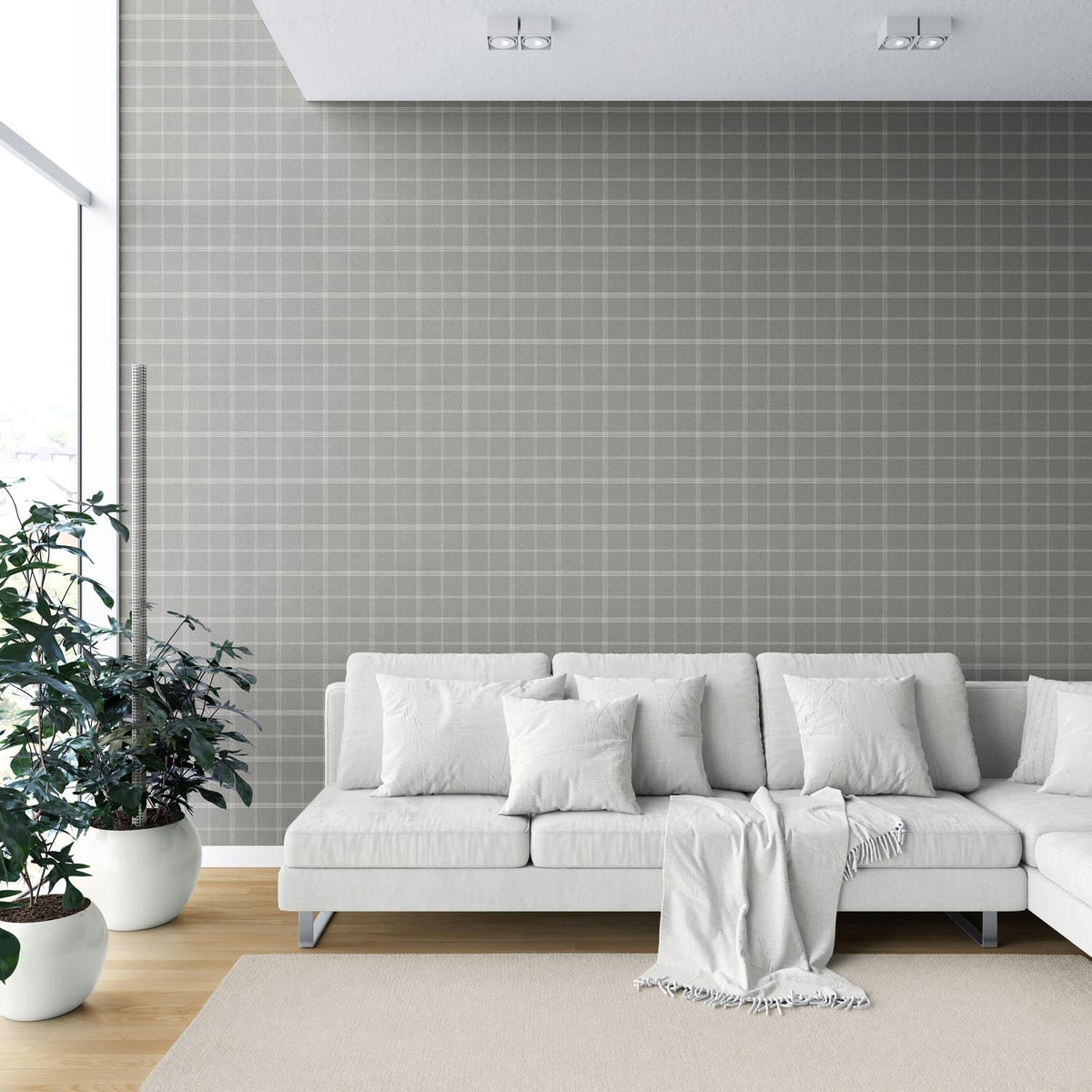 Neutral Geometric Plaid Checkered Shower Toilet Wallpaper (Gray)