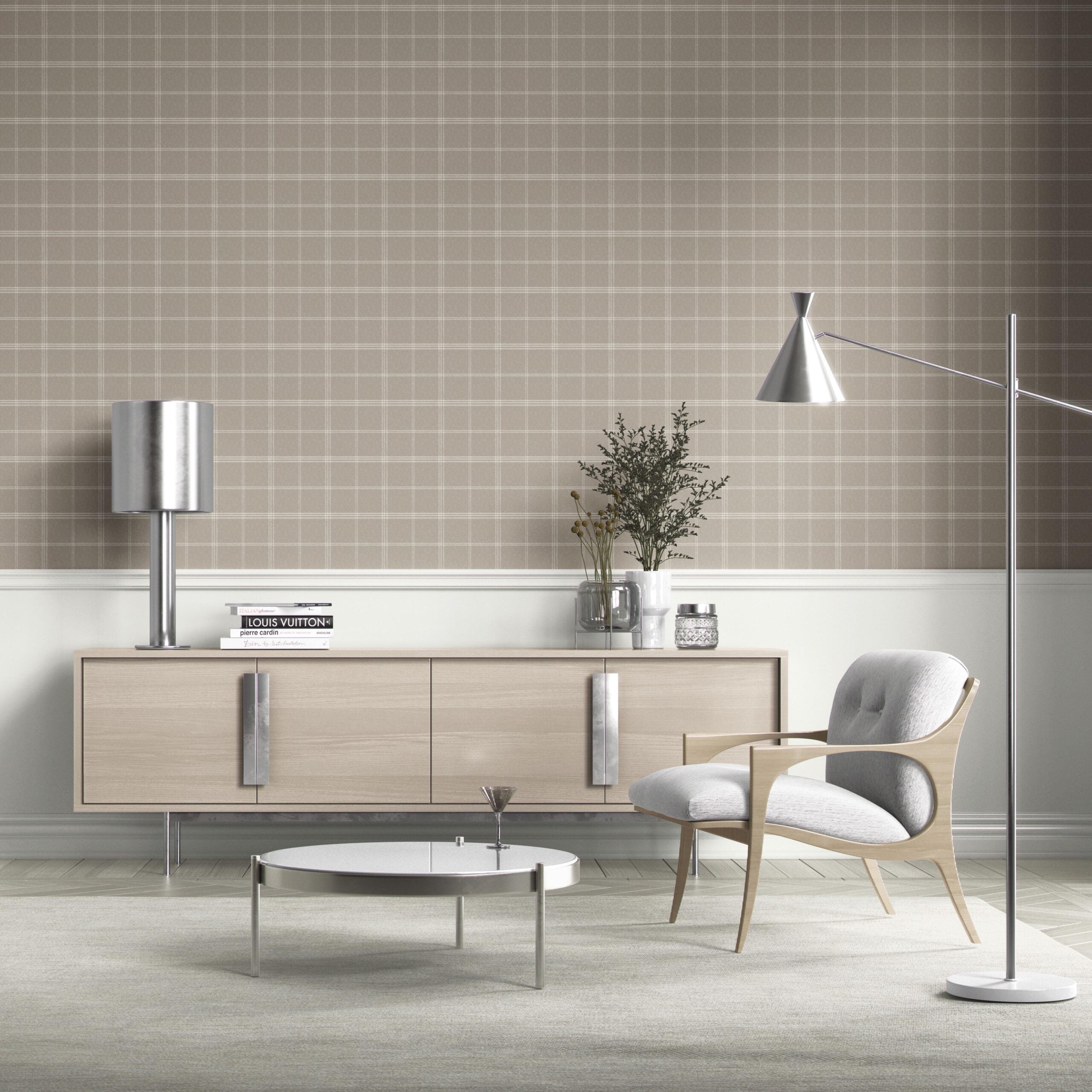 Neutral Geometric Plaid Checkered Kitchen Wallpaper Sample (Beige/ Warm Gray/ Greige/ Taupe)