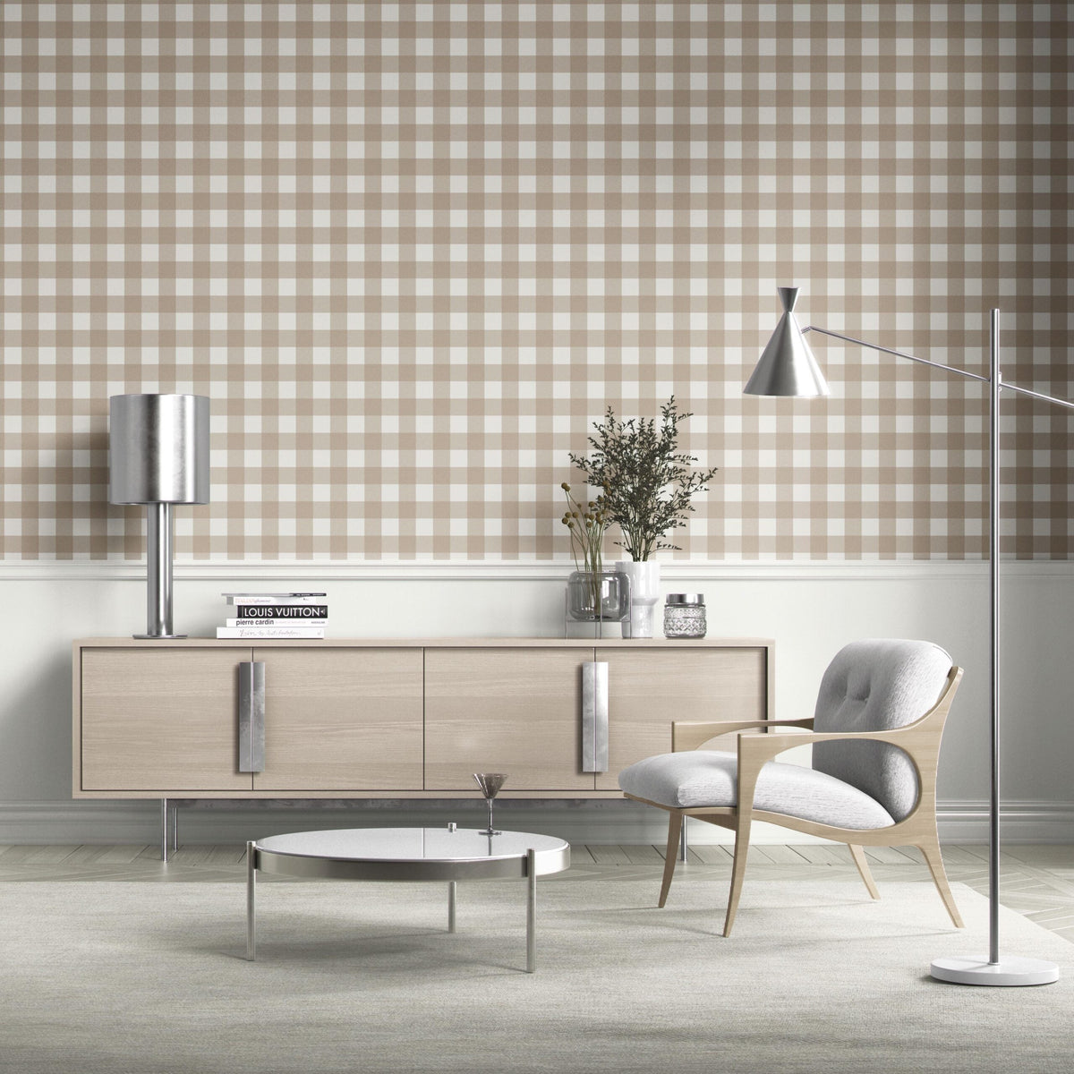 Neutral Geometric Gingham Checkered Bathroom Wallpaper Sample (Light Beige/ Greige)