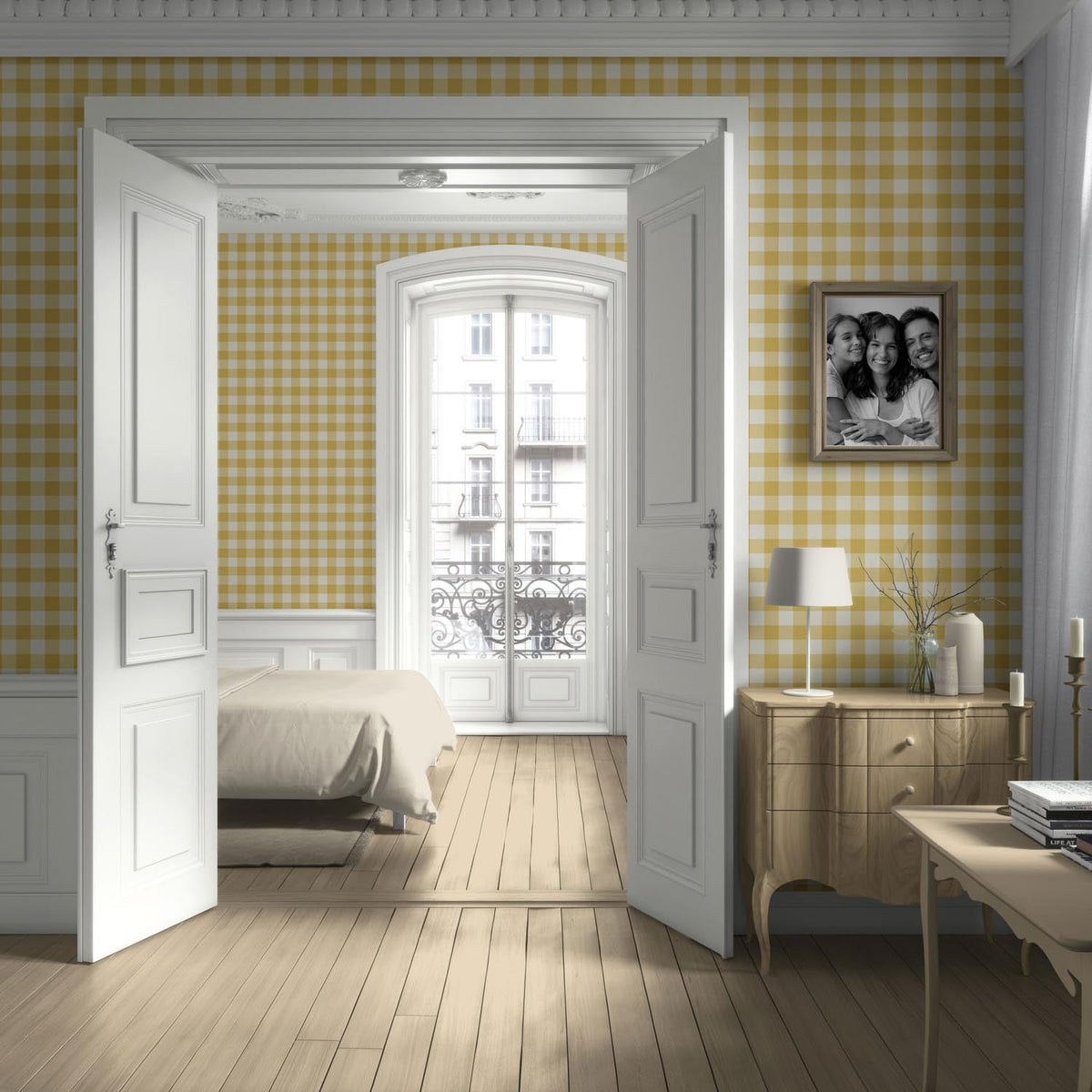 Geometric Gingham Checkered Kitchen Wallpaper Sample (Naples Yellow)