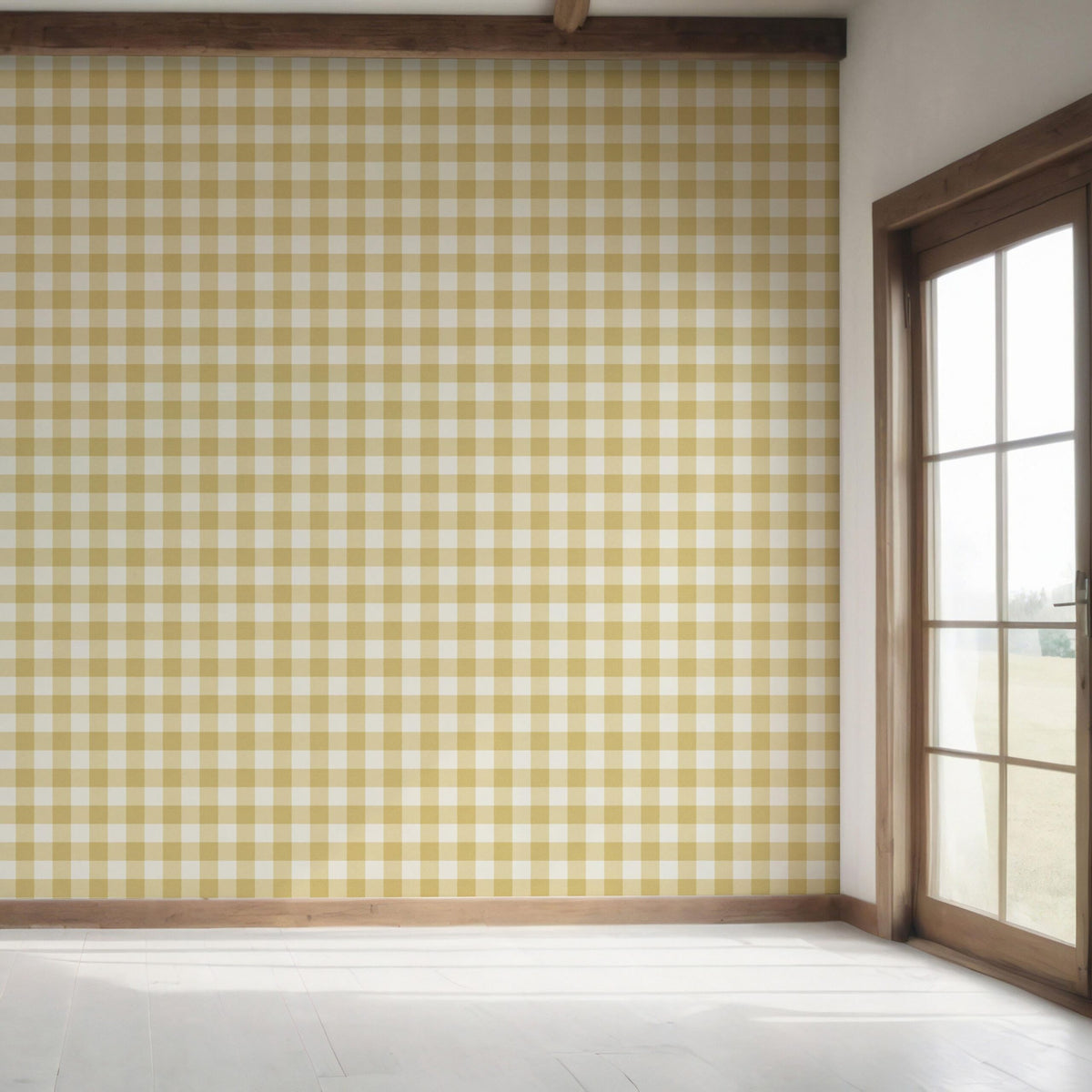 Geometric Gingham Checkered Bedroom Wallpaper Sample (Naples Yellow)