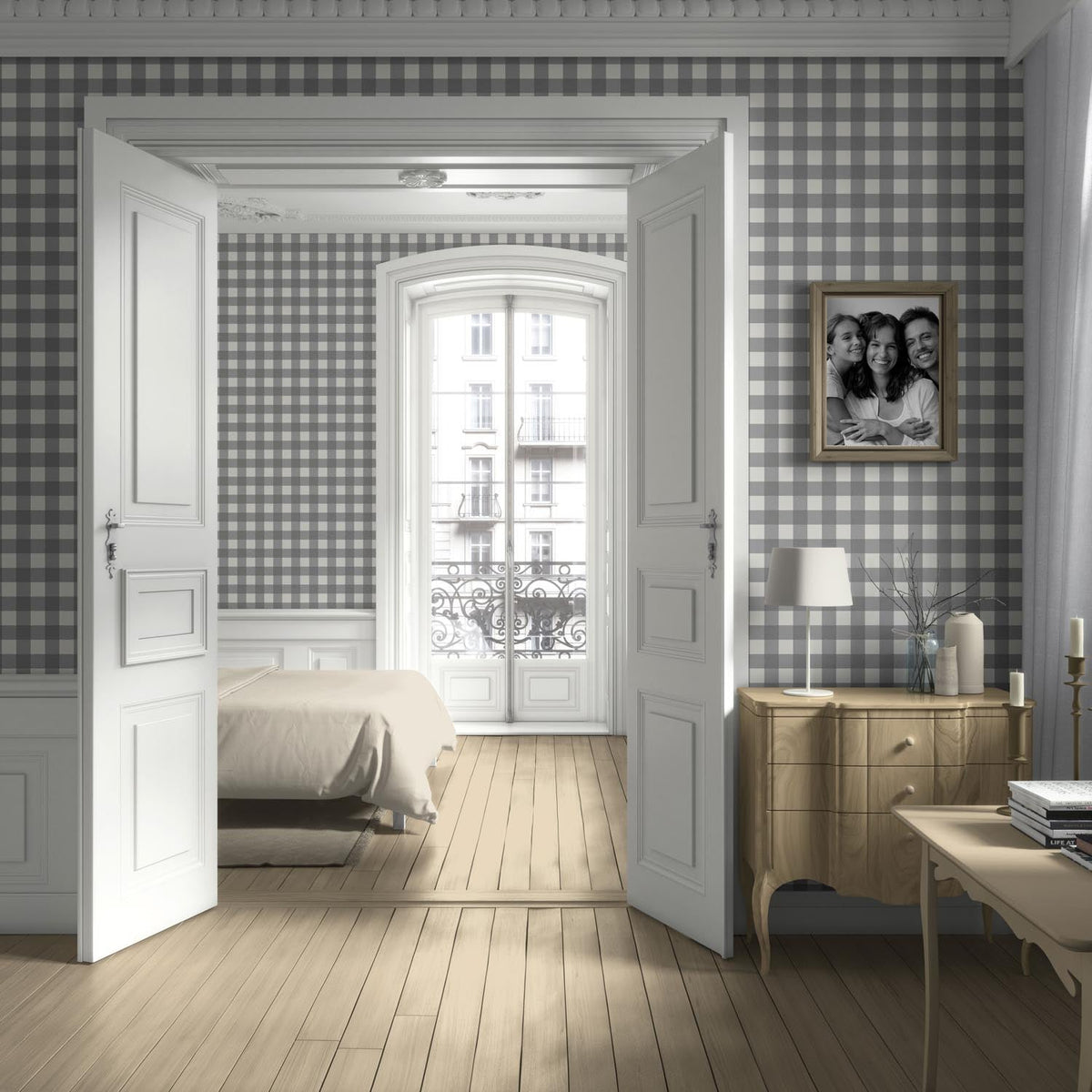 Neutral Geometric Gingham Checkered Kitchen Wallpaper Sample (Ash Gray)