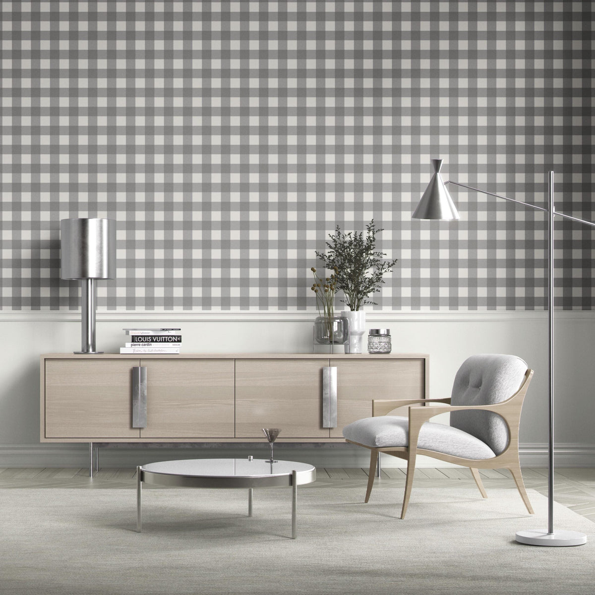 Neutral Geometric Gingham Checkered Bathroom Wallpaper (Ash Gray)