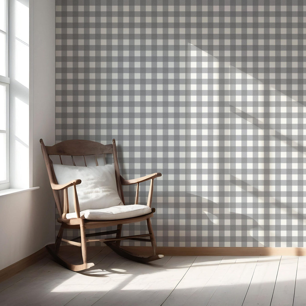 Neutral Geometric Gingham Checkered Nursery Wallpaper (Ash Gray)