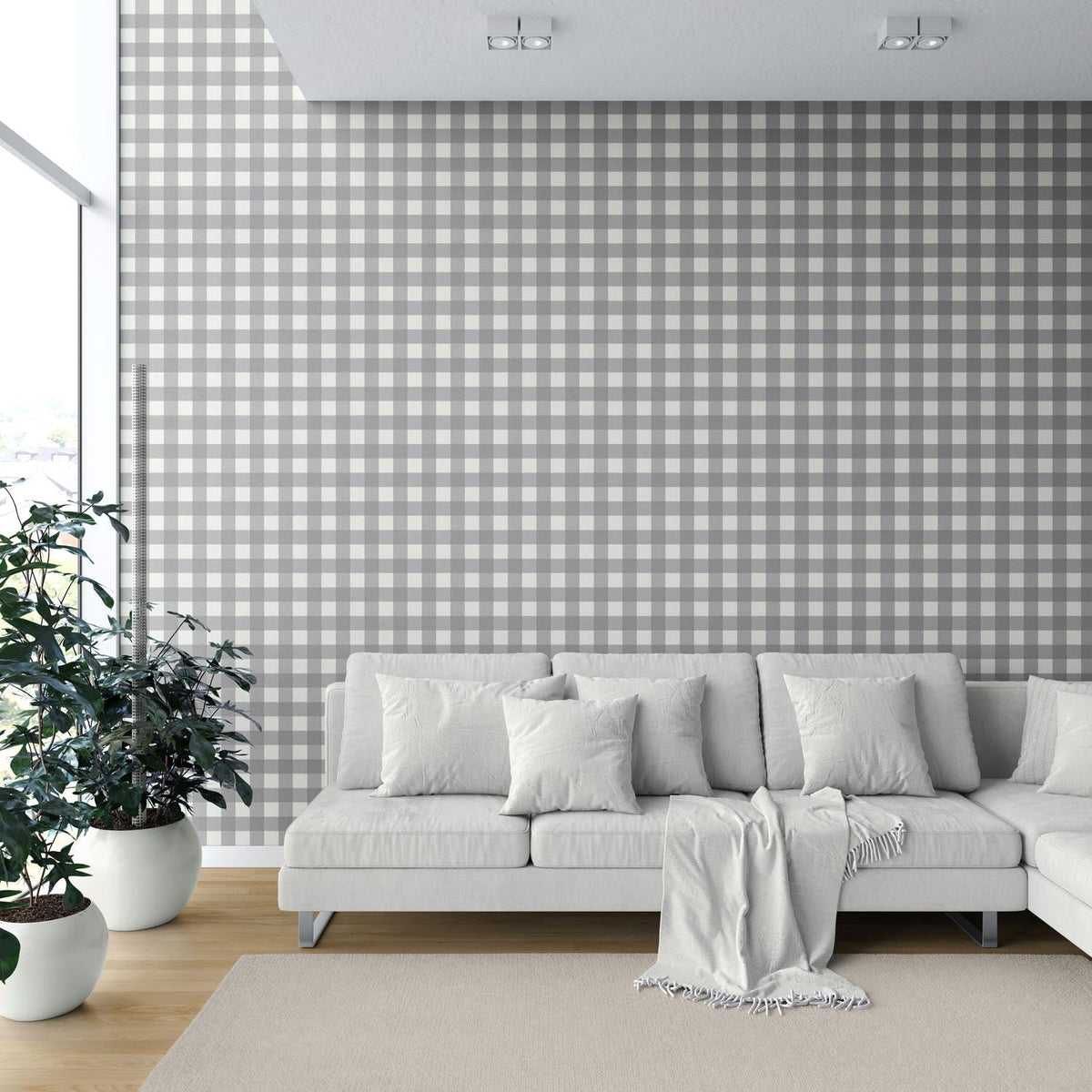 Neutral Geometric Gingham Checkered Shower Toilet Wallpaper Sample (Ash Gray)