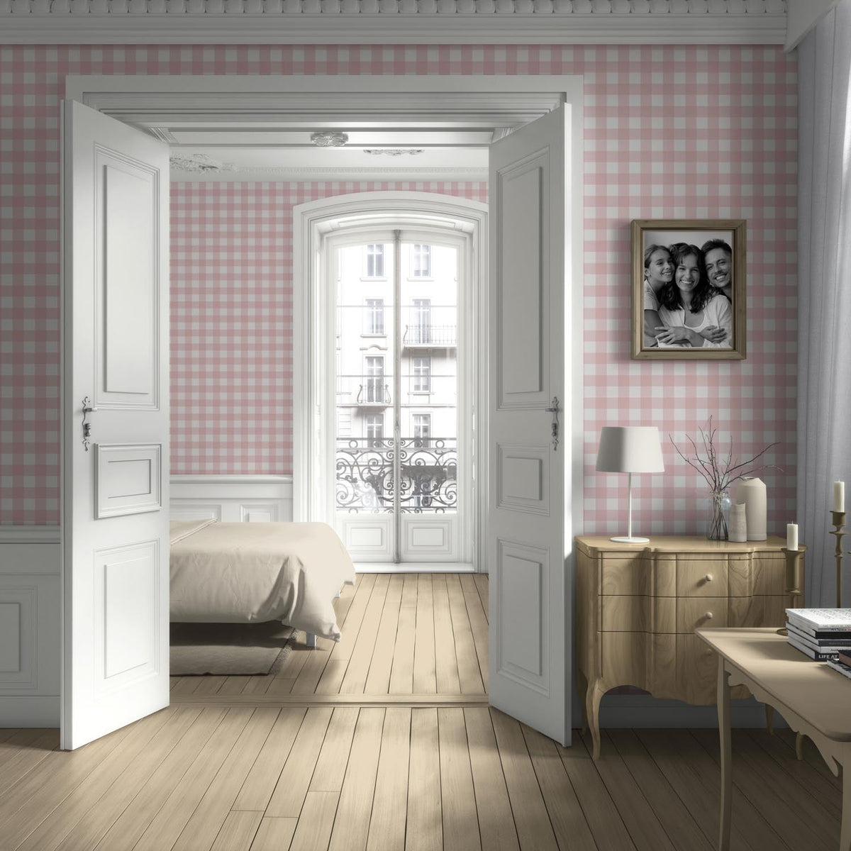 Geometric Gingham Checkered Kitchen Wallpaper (Baby Pink)