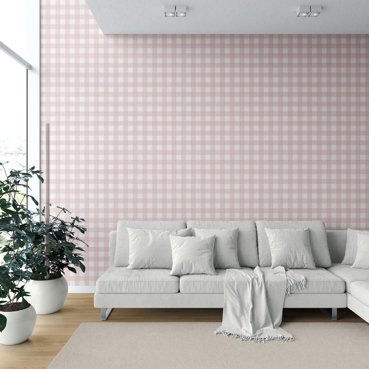 Geometric Gingham Checkered Shower Toilet Wallpaper (Baby Pink)