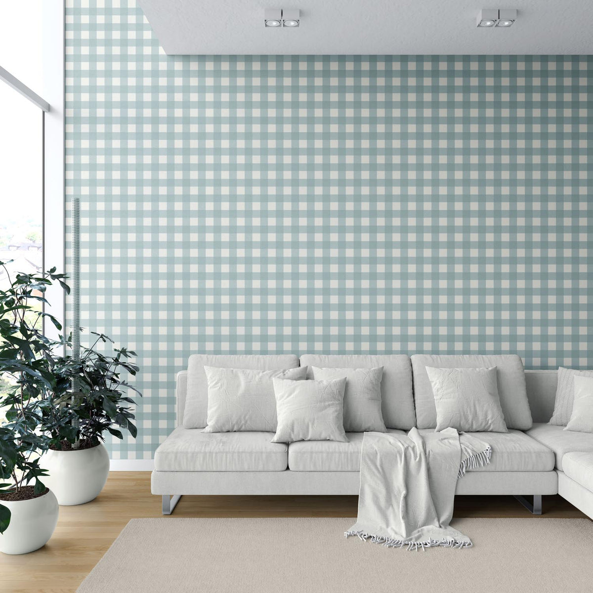 Geometric Gingham Checkered Shower Toilet Wallpaper Sample (Seafoam Blue)