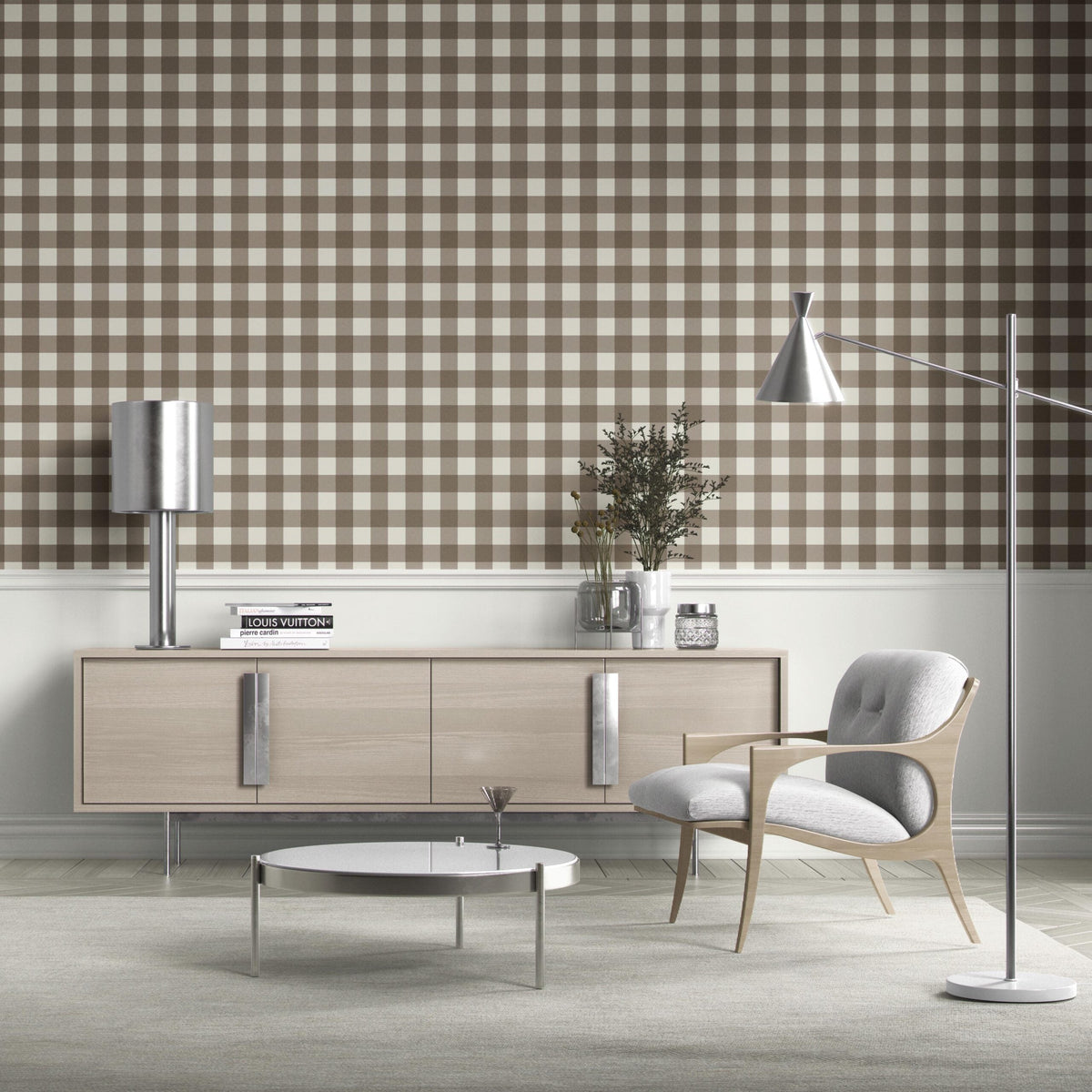 Neutral Geometric Gingham Checkered Bathroom Wallpaper (Taupe Brown)