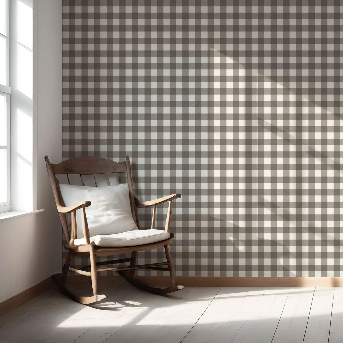 Neutral Geometric Gingham Checkered Nursery Wallpaper Sample (Taupe Brown)