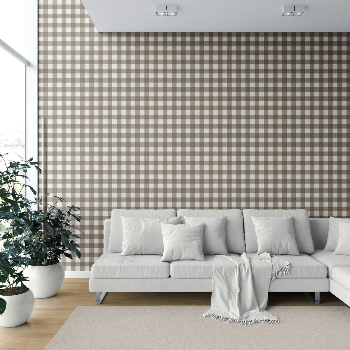 Neutral Geometric Gingham Checkered Shower Toilet Wallpaper Sample (Taupe Brown)