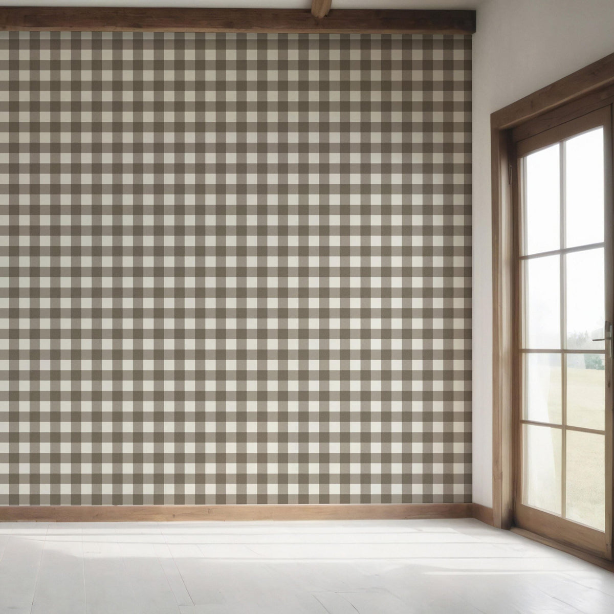 Neutral Geometric Gingham Checkered Bedroom Wallpaper Sample (Taupe Brown)