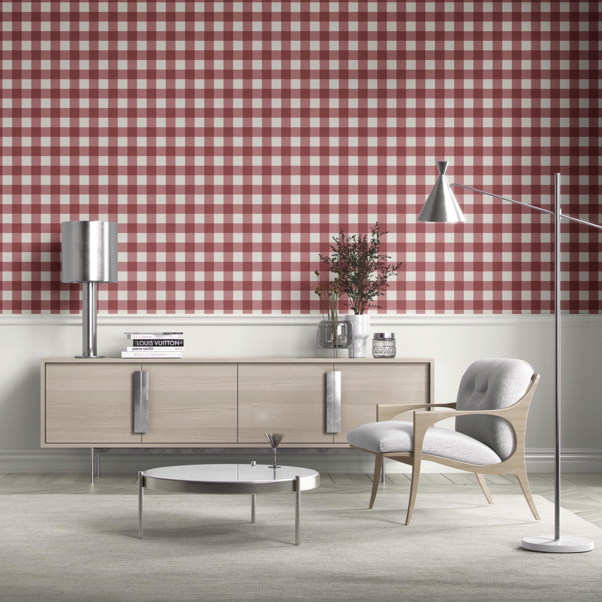 Geometric Gingham Checkered Bathroom Wallpaper (Burgundy Red)