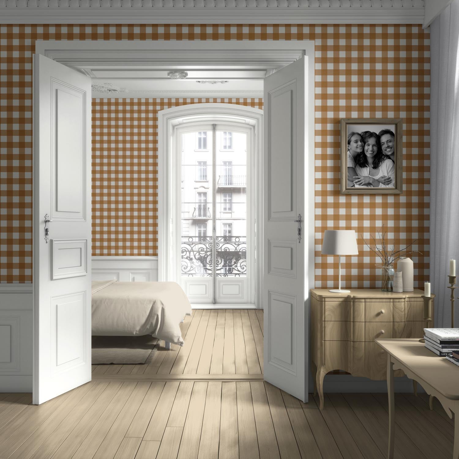 Geometric Gingham Checkered Kitchen Wallpaper Sample (Ochre Orange)