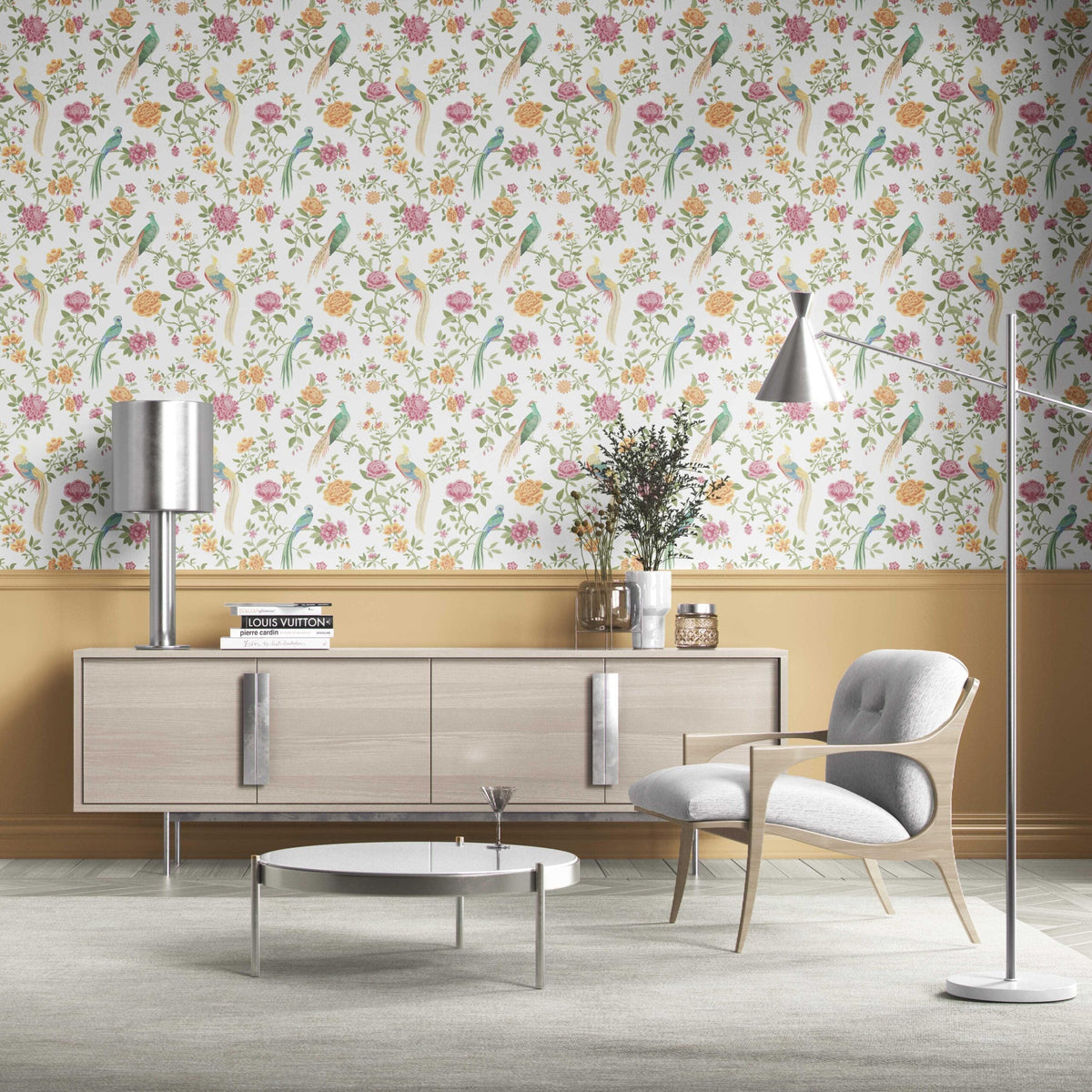 Floral Chinoiserie/ Nature Bird Print Kitchen Wallpaper Sample (Pink/ Green/ Yellow)