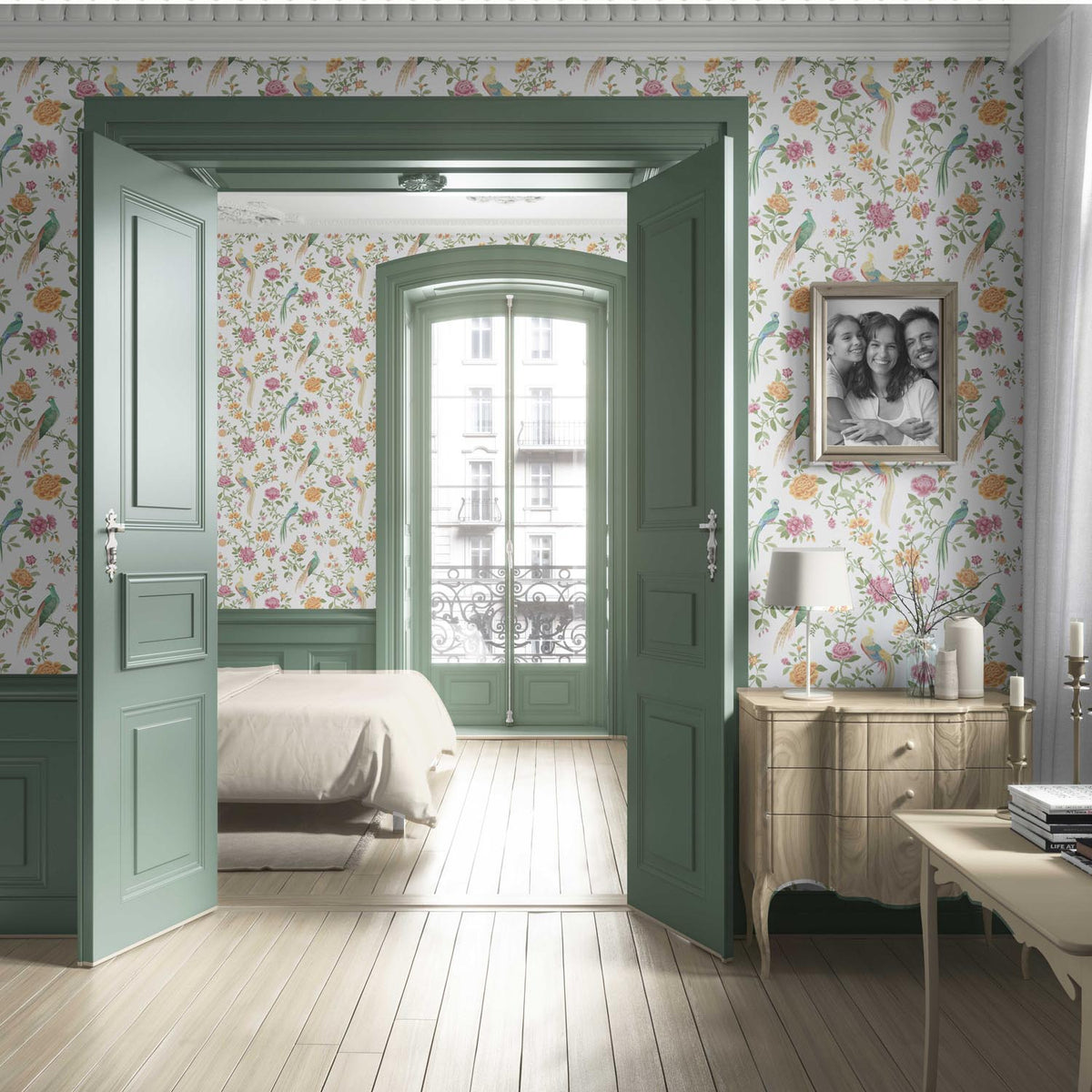 Floral Chinoiserie/ Nature Bird Print Living Room Wallpaper (Pink/ Green/ Yellow)