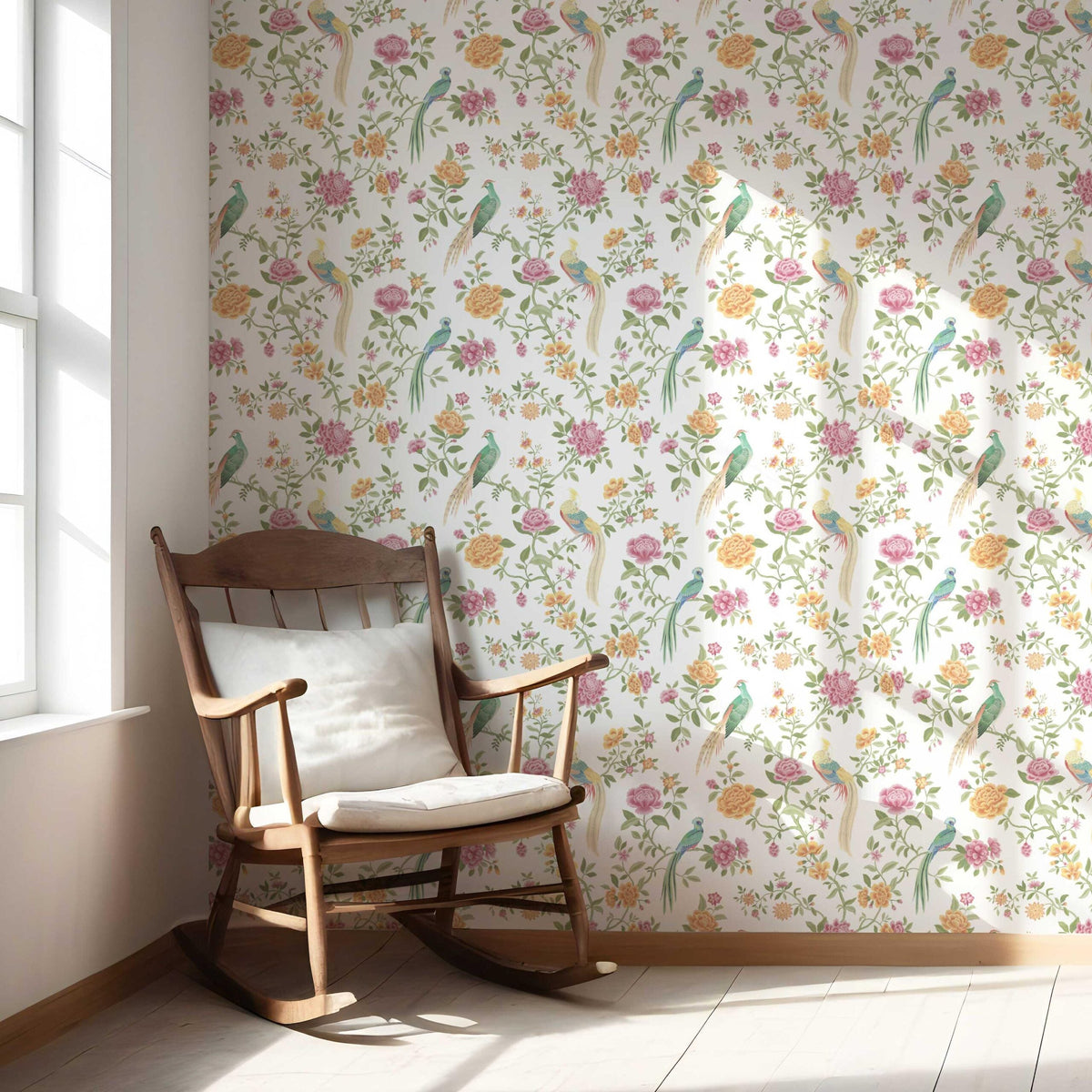 Floral Chinoiserie/ Nature Bird Print Nursery Wallpaper Sample (Pink/ Green/ Yellow)