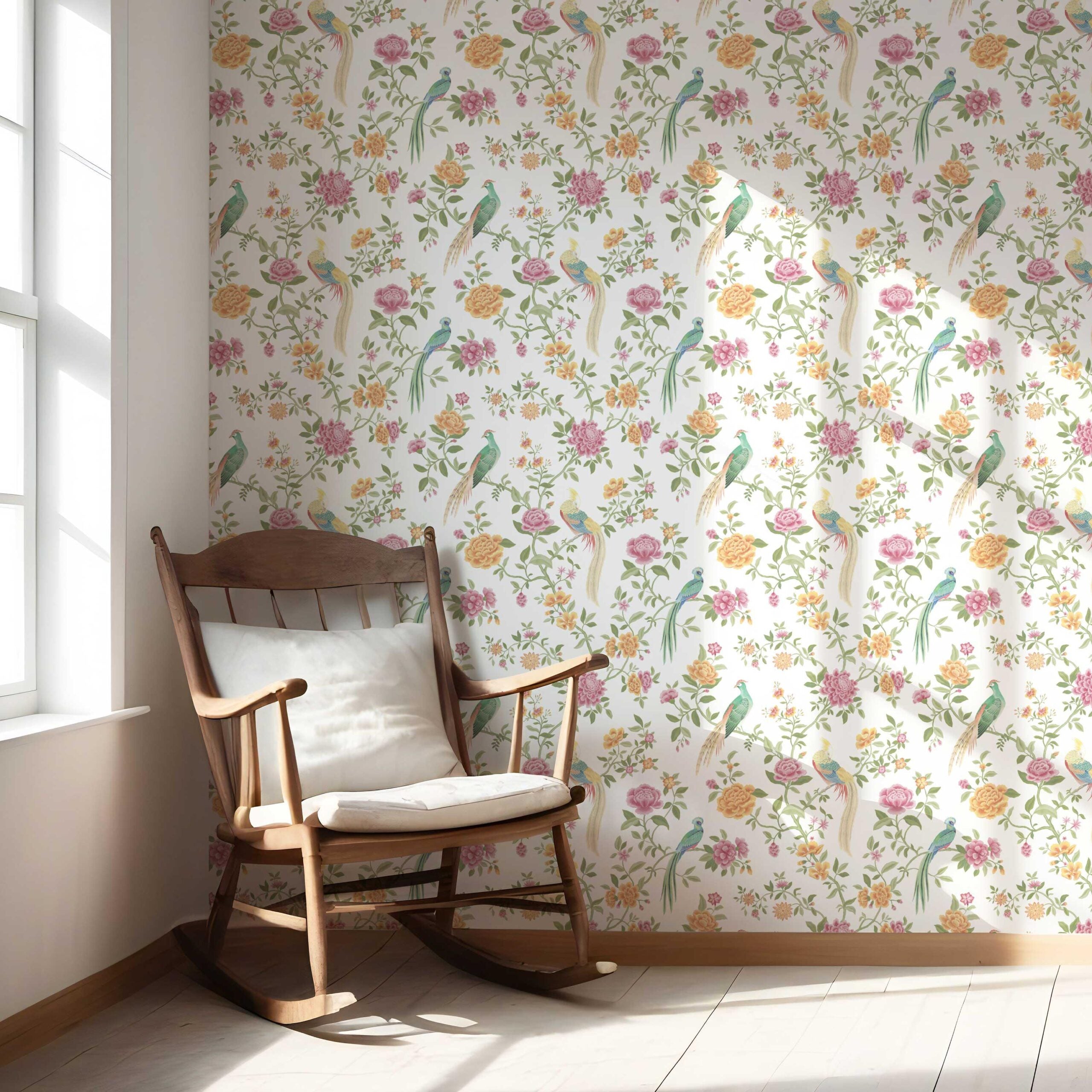 Floral Chinoiserie/ Nature Bird Print Nursery Wallpaper Sample (Pink/ Green/ Yellow)