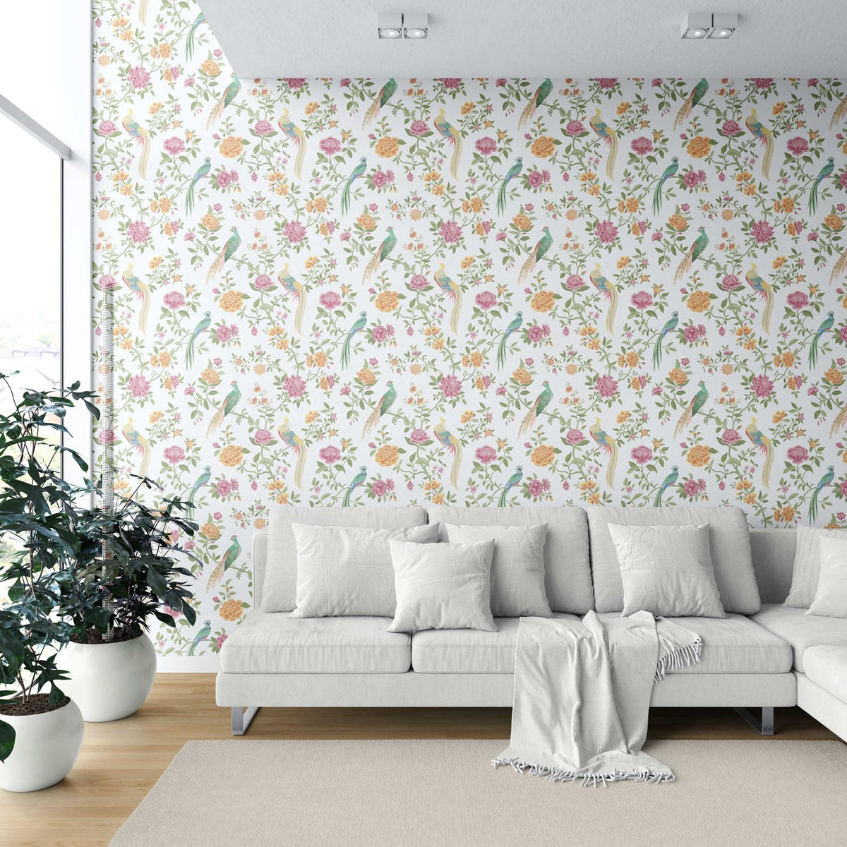 Floral Chinoiserie/ Nature Bird Print Shower Toilet Wallpaper (Pink/ Green/ Yellow)