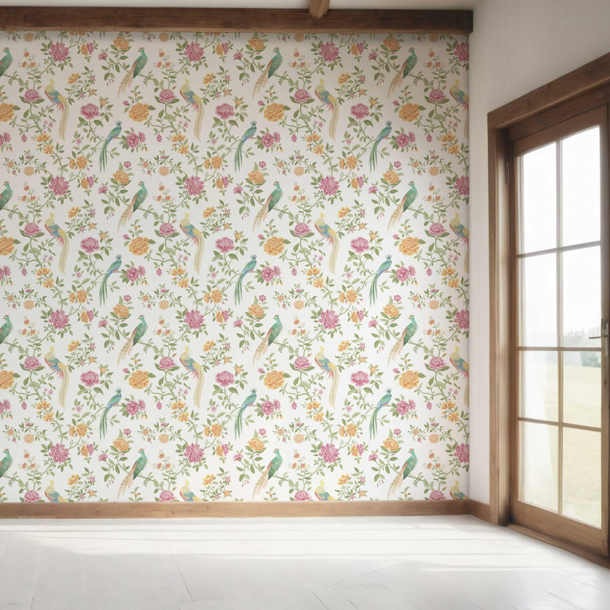 Floral Chinoiserie/ Nature Bird Print Bedroom Wallpaper Sample (Pink/ Green/ Yellow)