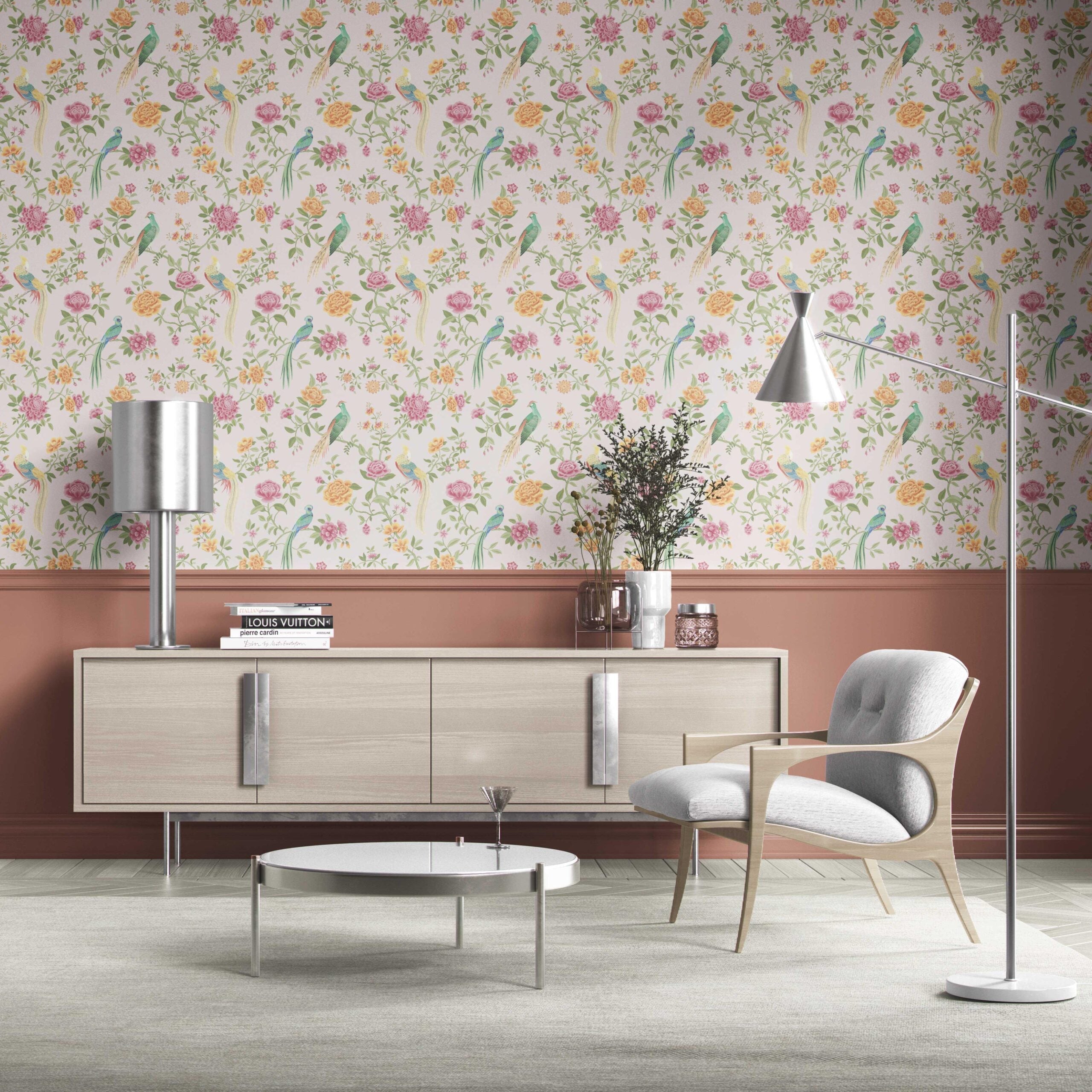 Floral Chinoiserie/ Nature Bird Print Kitchen Wallpaper Sample (Blush Pink/ Blue/ Green/ Orange/ Yellow)