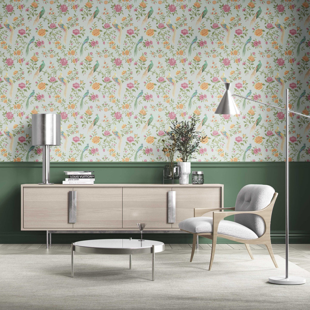 Floral Chinoiserie/ Nature Bird Print Kitchen Wallpaper (Duck Egg Blue/ Pink/ Green/ Yellow)