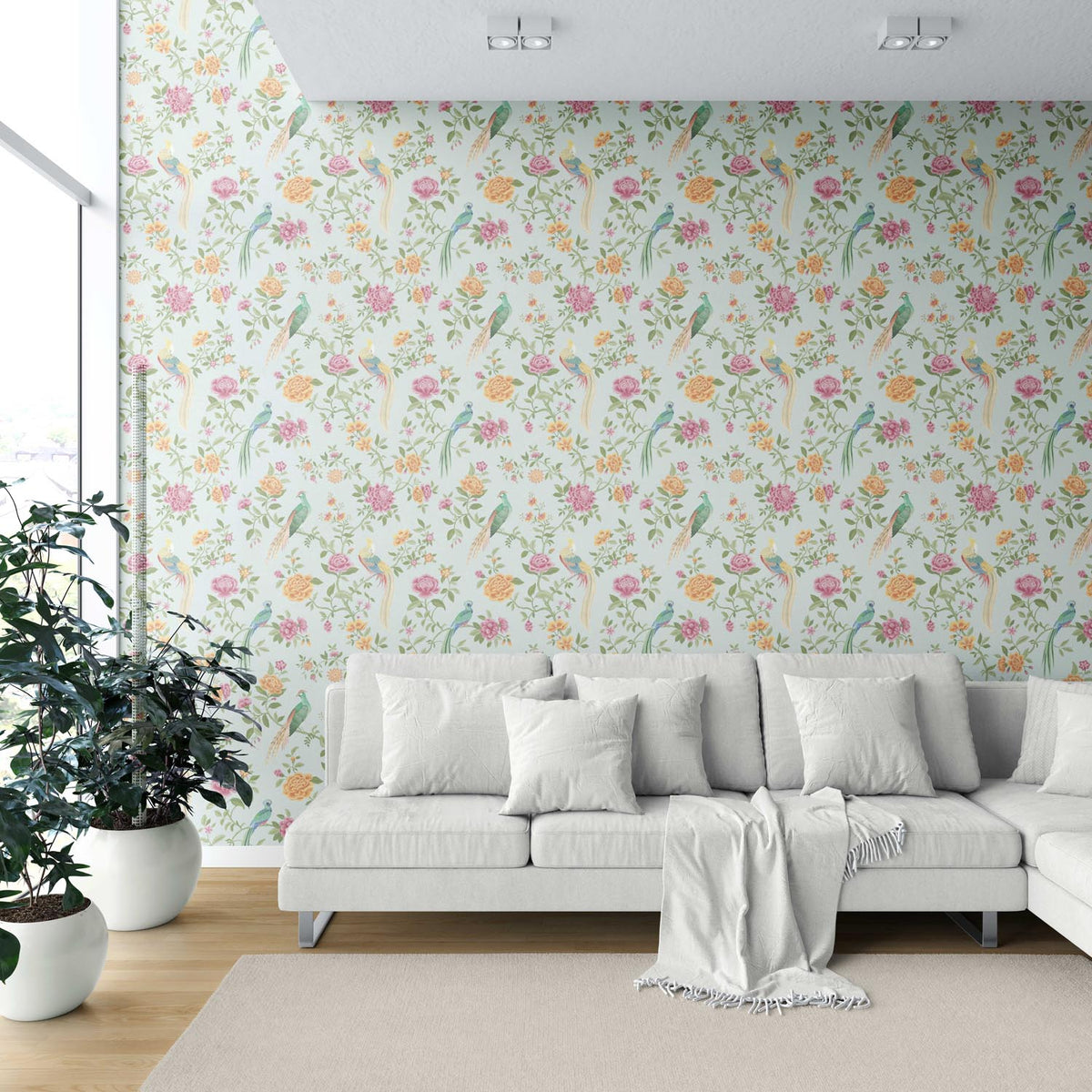 Floral Chinoiserie/ Nature Bird Print Shower Toilet Wallpaper (Duck Egg Blue/ Pink/ Green/ Yellow)