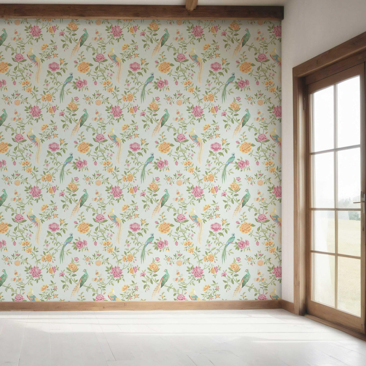 Floral Chinoiserie/ Nature Bird Print Bedroom Wallpaper (Duck Egg Blue/ Pink/ Green/ Yellow)