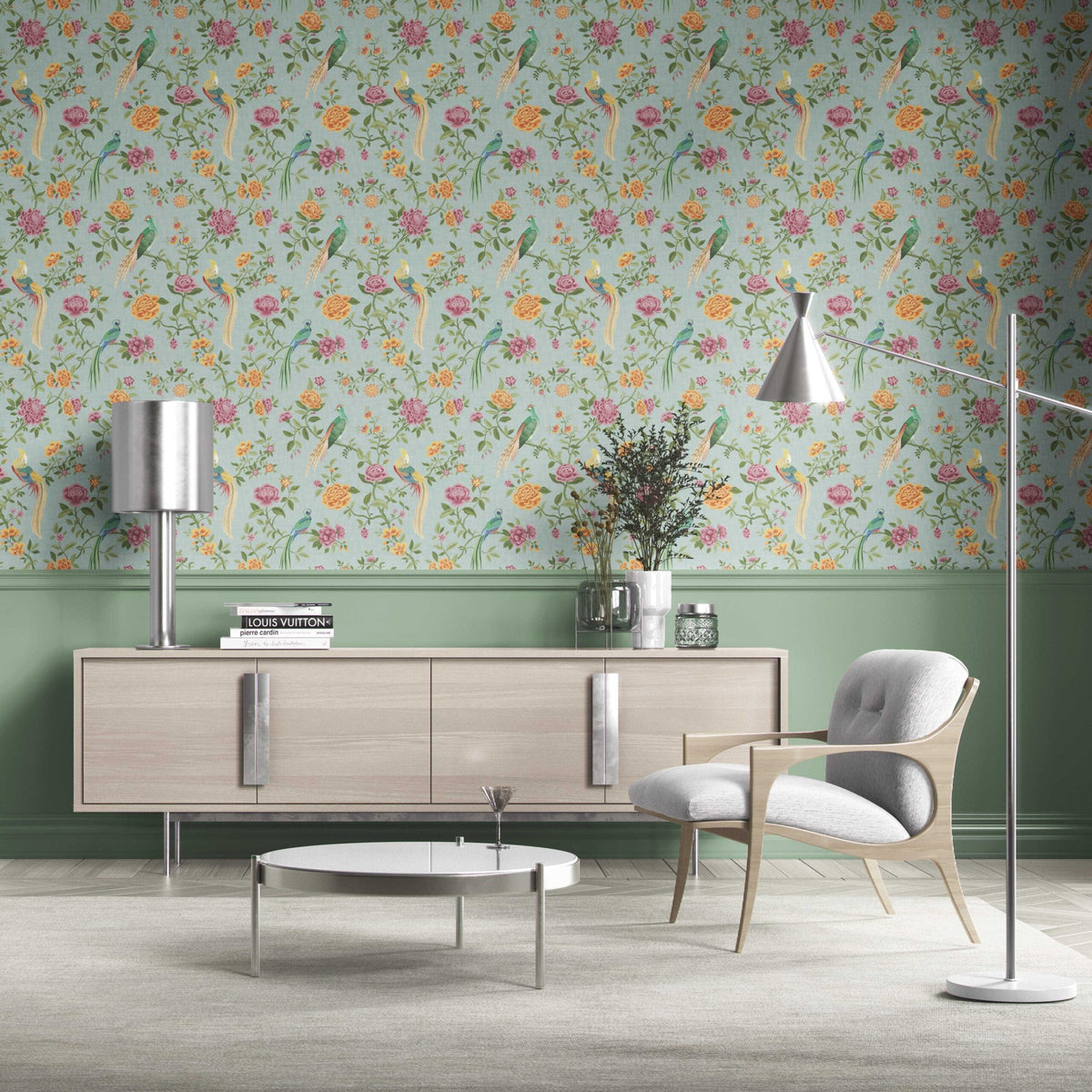 Floral Chinoiserie/ Nature Bird Print Kitchen Wallpaper (Blue/ Pink/ Green/ Yellow/ Orange)