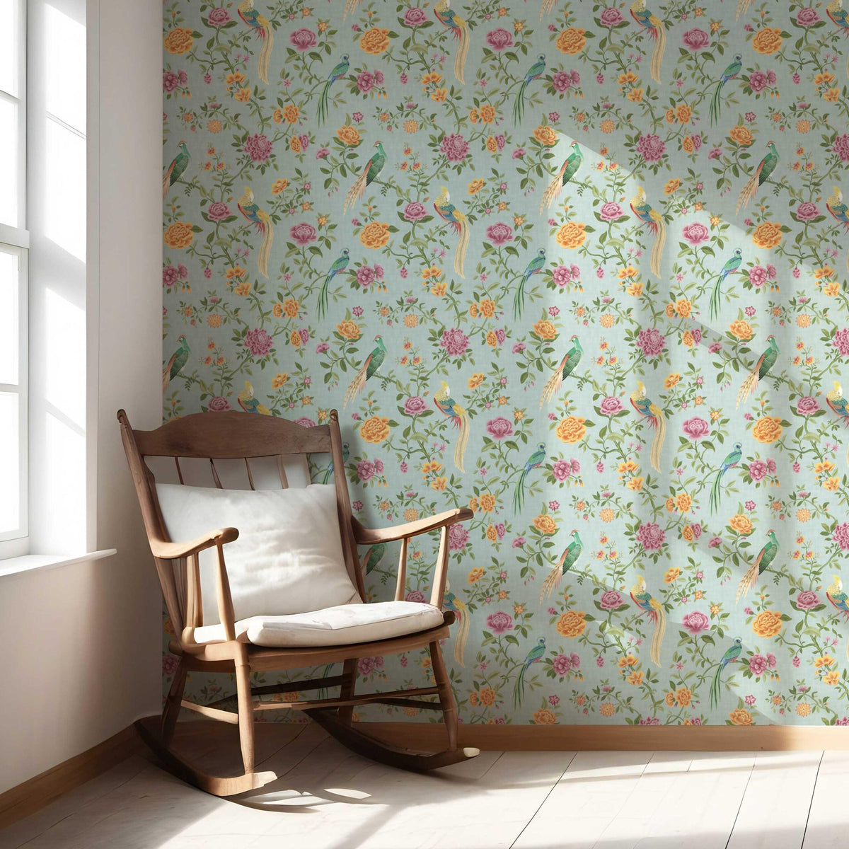Floral Chinoiserie/ Nature Bird Print Nursery Wallpaper (Blue/ Pink/ Green/ Yellow/ Orange)