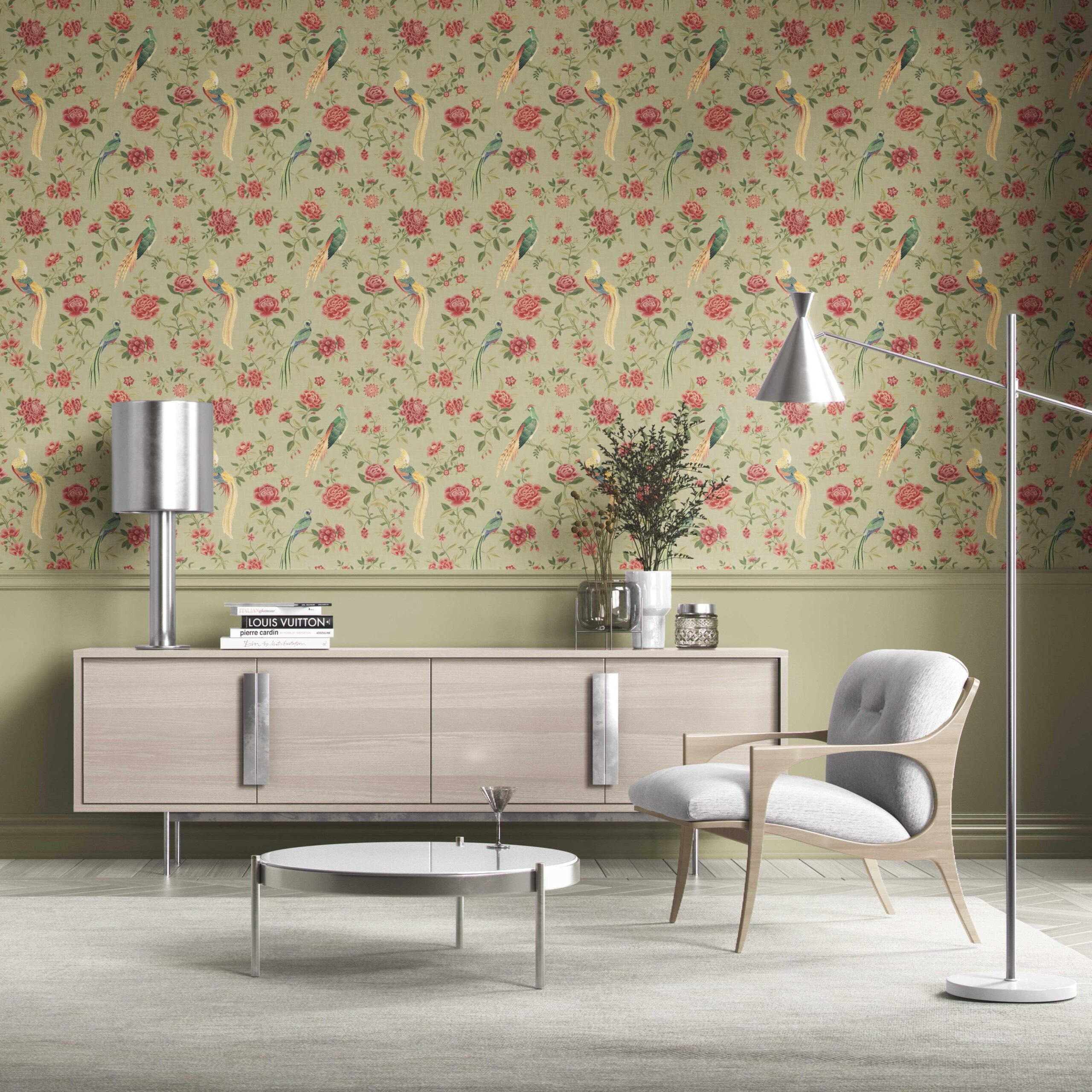 Floral Chinoiserie/ Nature Bird Print Kitchen Wallpaper (Olive Green/ Red/ Yellow)