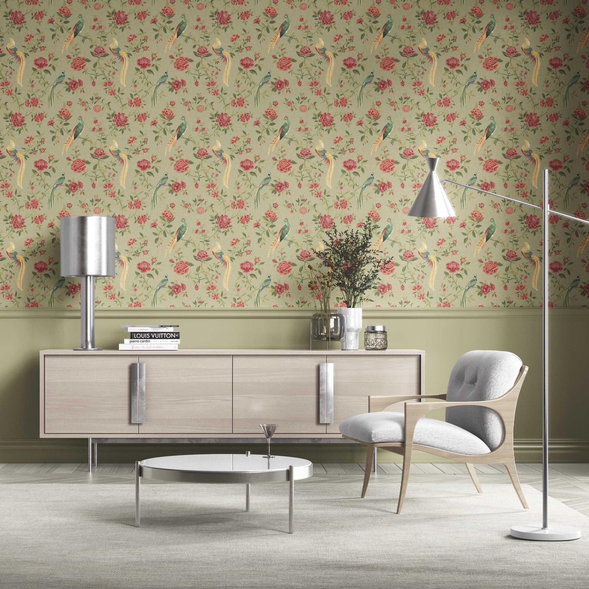 Floral Chinoiserie/ Nature Bird Print Kitchen Wallpaper (Olive Green/ Red/ Yellow)