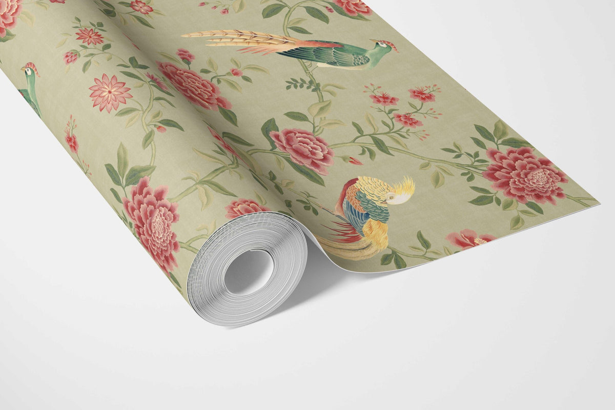 Floral Chinoiserie/ Nature Bird Print Bathroom Wallpaper Sample (Olive Green/ Red/ Yellow)