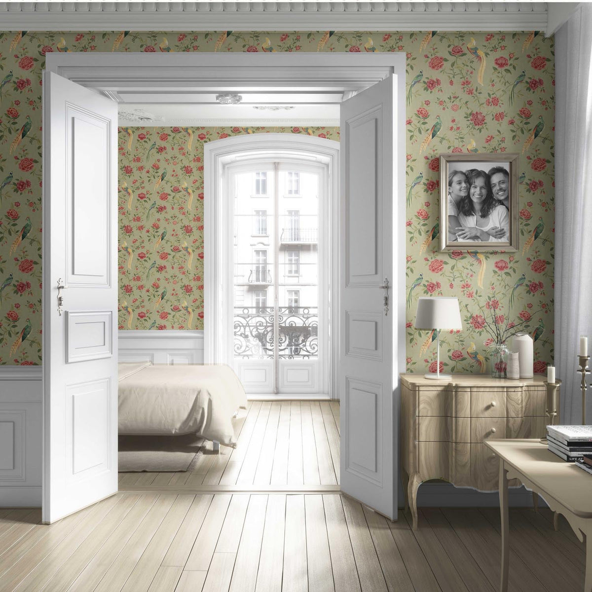 Floral Chinoiserie/ Nature Bird Print Living Room Wallpaper Sample (Olive Green/ Red/ Yellow)