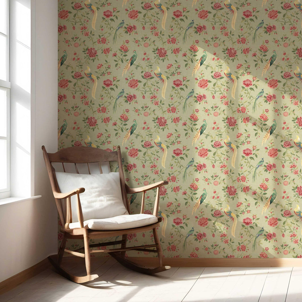 Floral Chinoiserie/ Nature Bird Print Nursery Wallpaper (Olive Green/ Red/ Yellow)