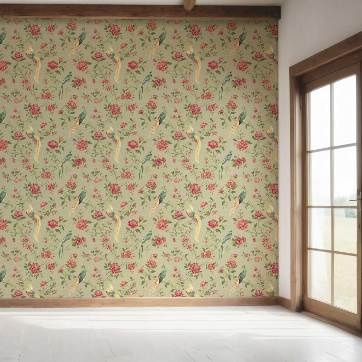 Floral Chinoiserie/ Nature Bird Print Bedroom Wallpaper Sample (Olive Green/ Red/ Yellow)