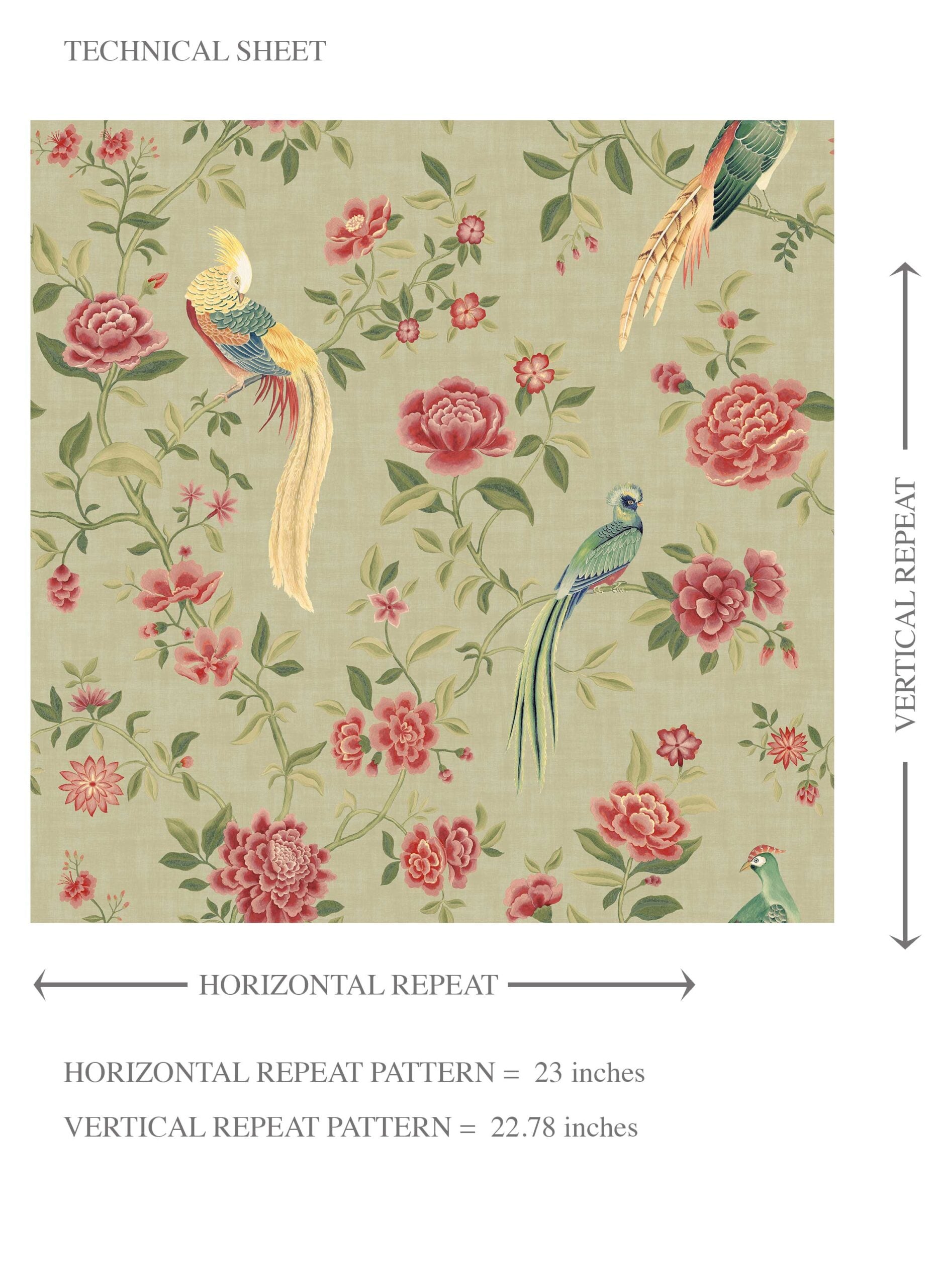 Floral Chinoiserie/ Nature Bird Print Kids Room Wallpaper (Olive Green/ Red/ Yellow)