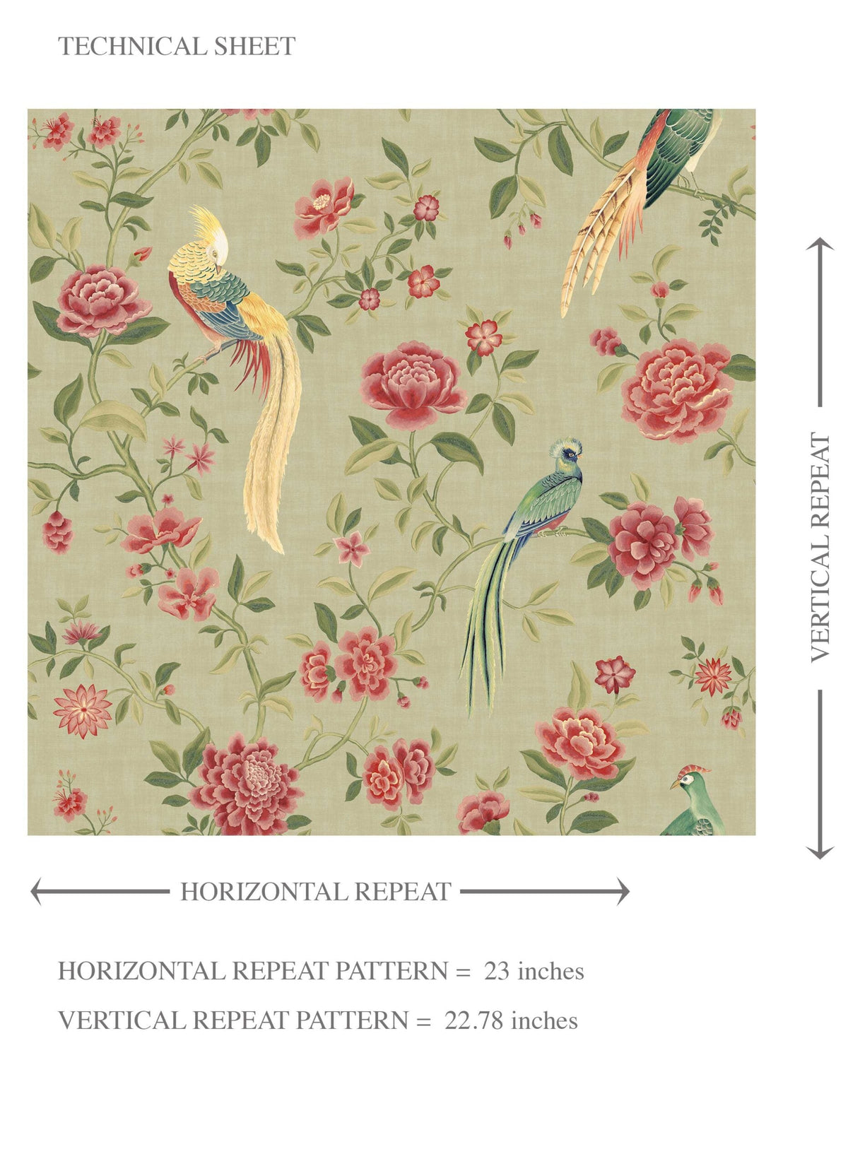 Floral Chinoiserie/ Nature Bird Print Kids Room Wallpaper Sample (Olive Green/ Red/ Yellow)