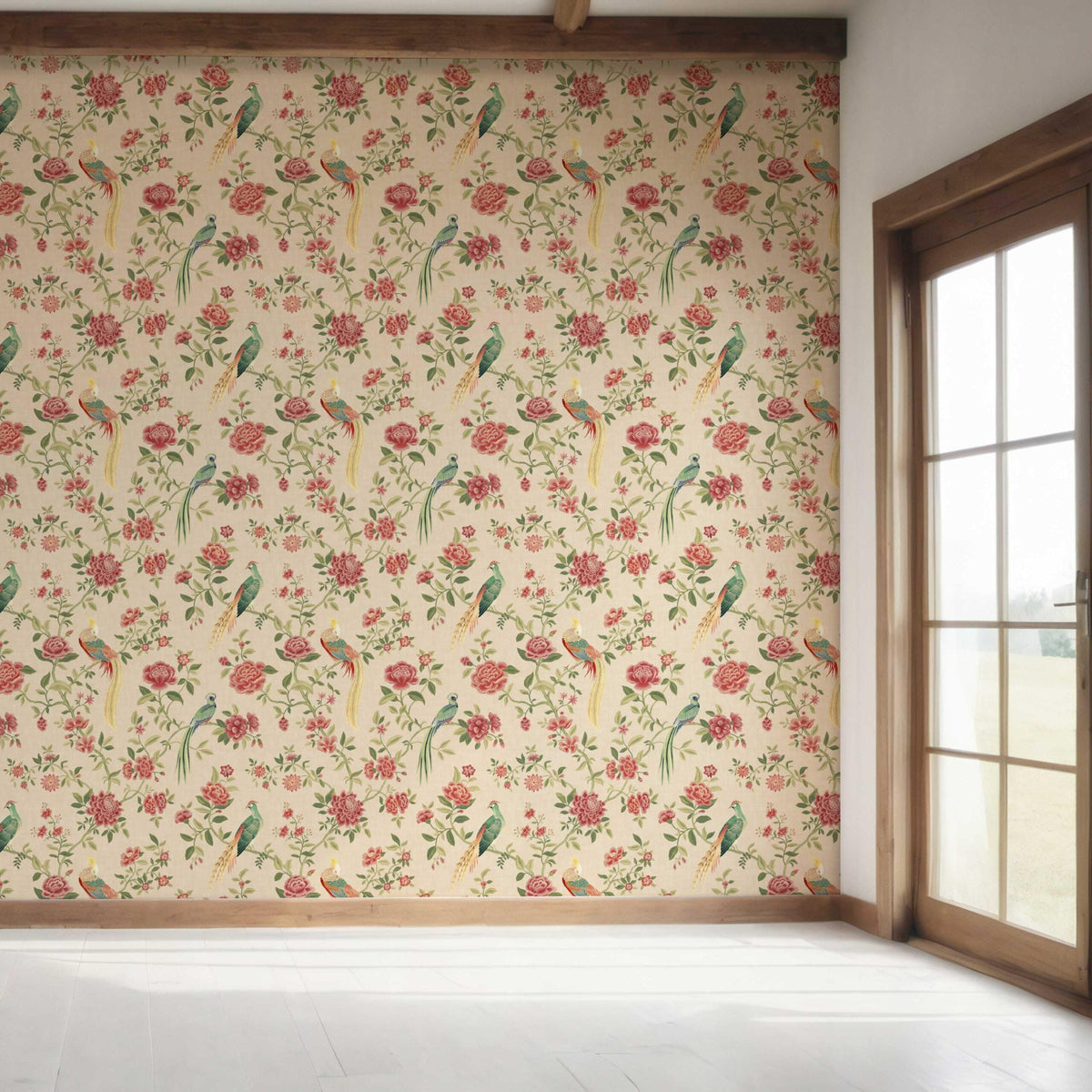 Floral Chinoiserie/ Nature Bird Print Bedroom Wallpaper Sample (Peach/ Red/ Green/ Yellow)