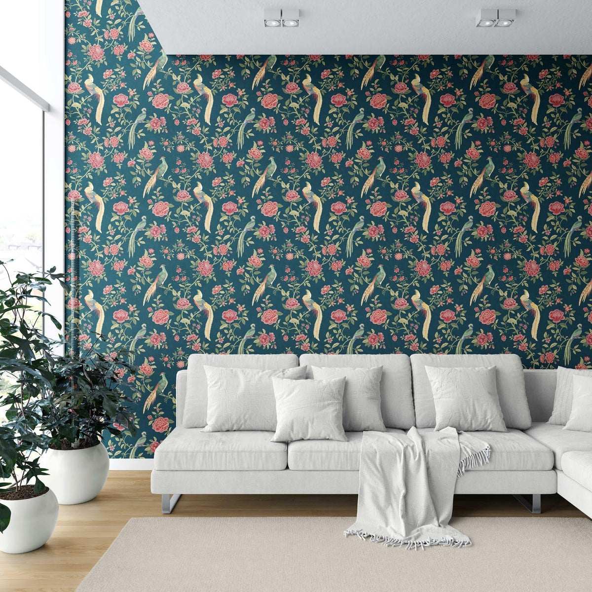 Floral Chinoiserie/ Nature Bird Print Shower Toilet Wallpaper Sample (Teal Blue/ Pink/ Green/ Yellow)