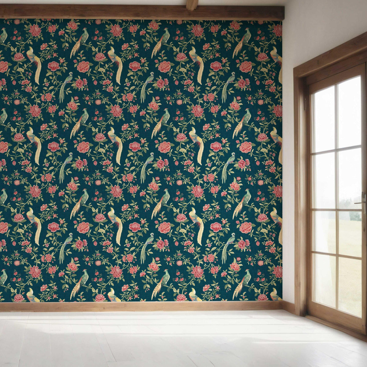 Floral Chinoiserie/ Nature Bird Print Bedroom Wallpaper Sample (Teal Blue/ Pink/ Green/ Yellow)