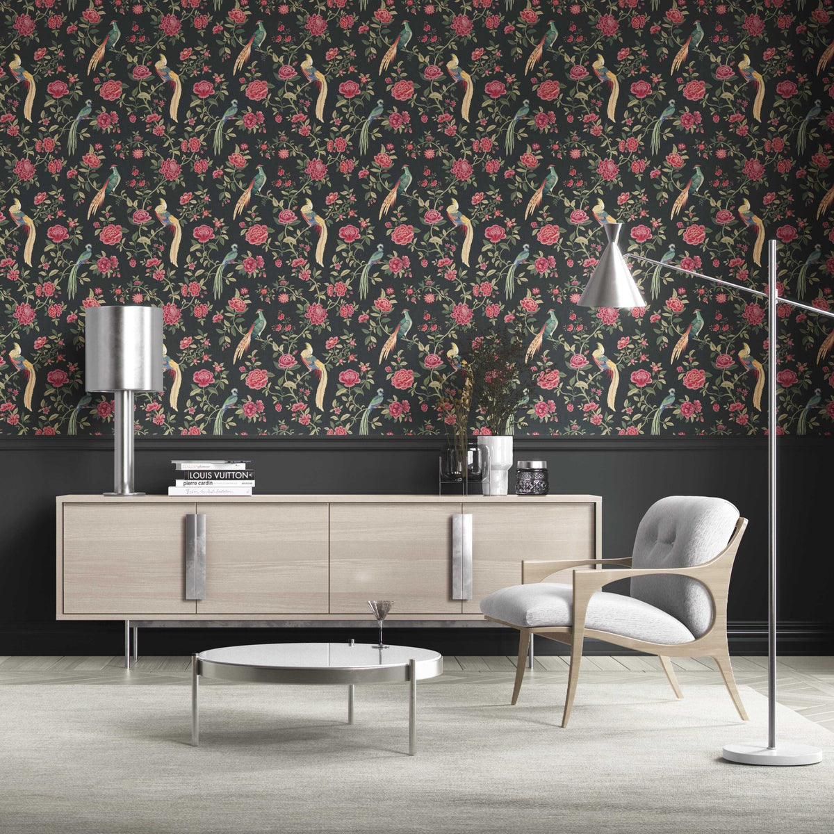 Floral Chinoiserie/ Nature Bird Print Kitchen Wallpaper Sample (Black/ Pink/ Green/ Blue/ Yellow)