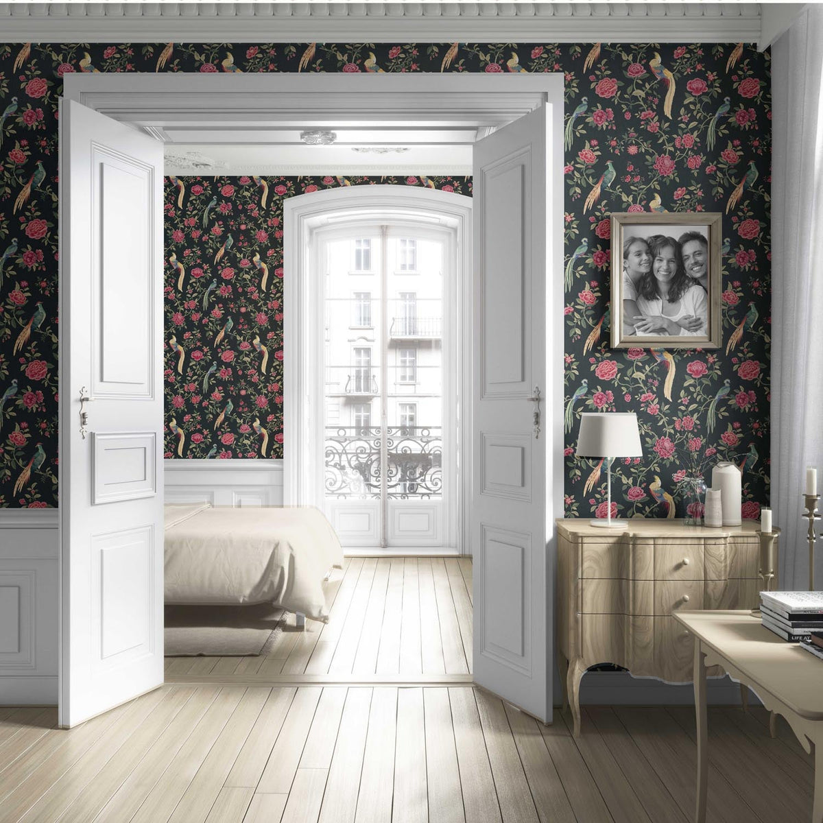 Floral Chinoiserie/ Nature Bird Print Living Room Wallpaper Sample (Black/ Pink/ Green/ Blue/ Yellow)