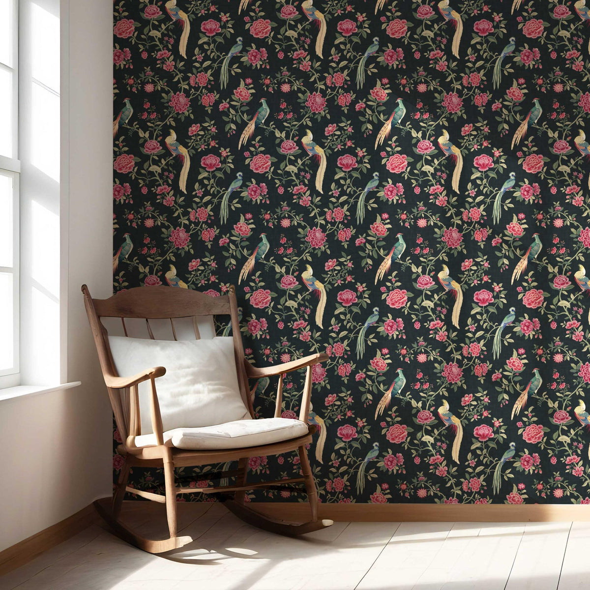 Floral Chinoiserie/ Nature Bird Print Nursery Wallpaper Sample (Black/ Pink/ Green/ Blue/ Yellow)
