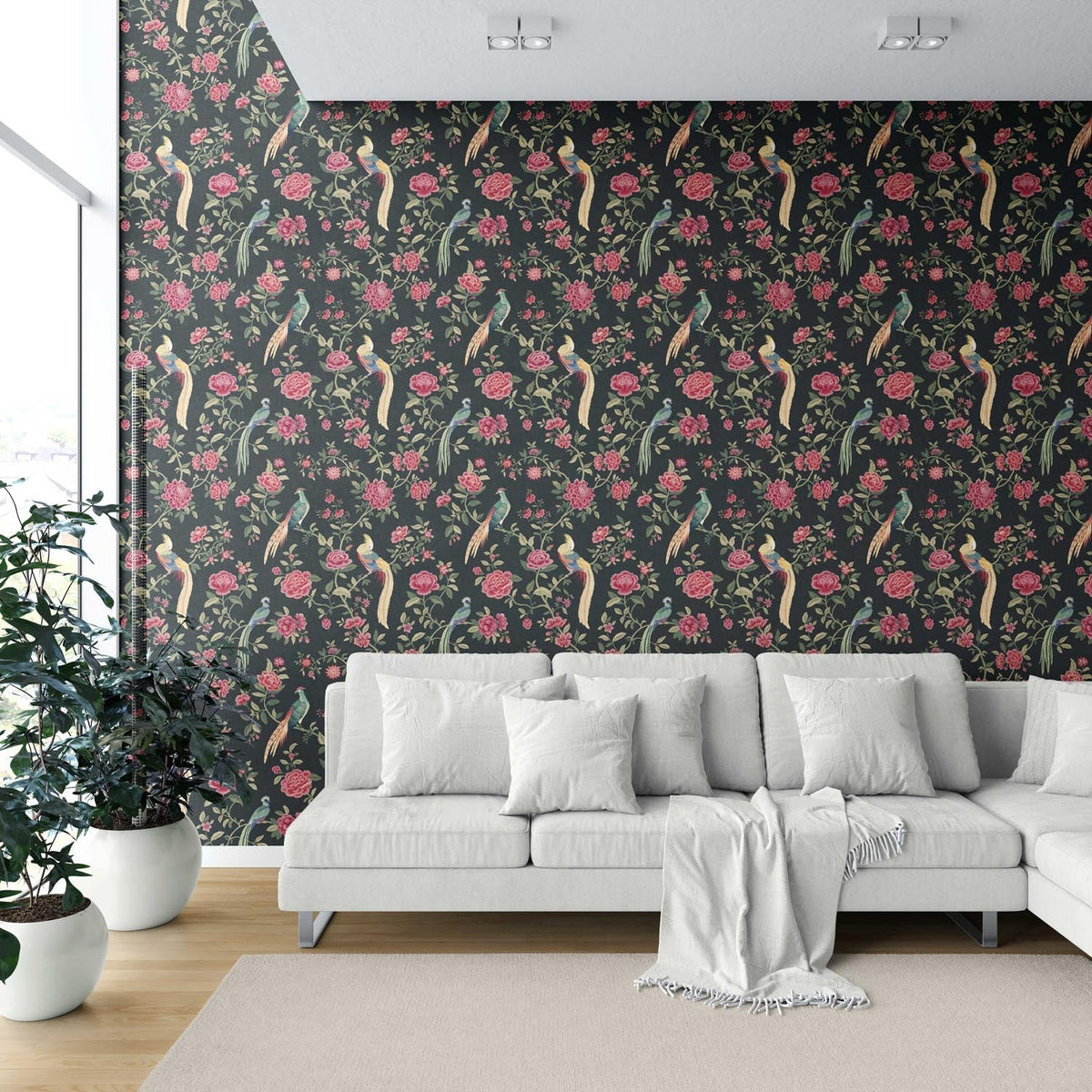 Floral Chinoiserie/ Nature Bird Print Shower Toilet Wallpaper Sample (Black/ Pink/ Green/ Blue/ Yellow)